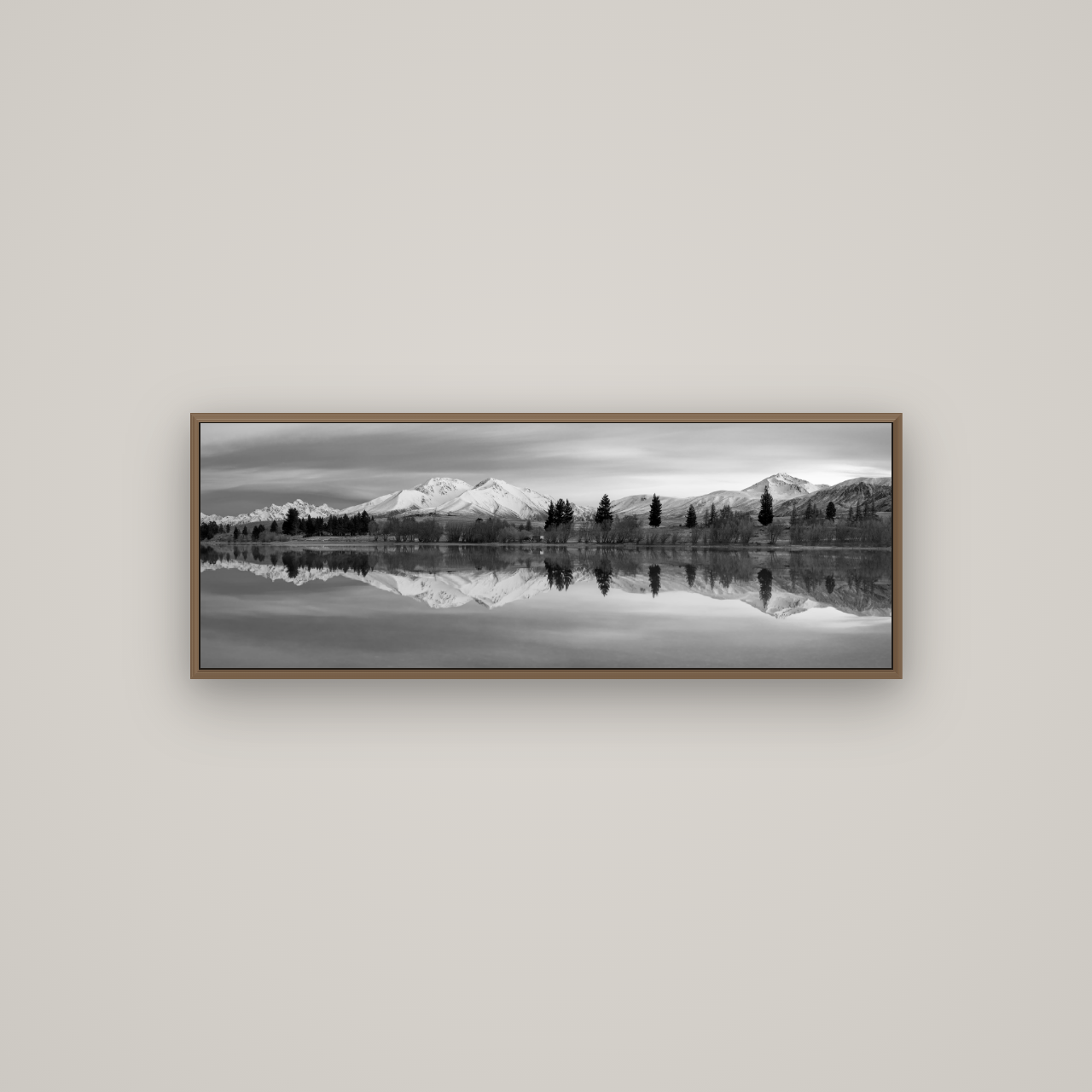 Reflections of Dawn, Big Hill and Potts Range, Basel Walnut, 113×40 cm. New Zealand fine art wall art by Stephen Milner.