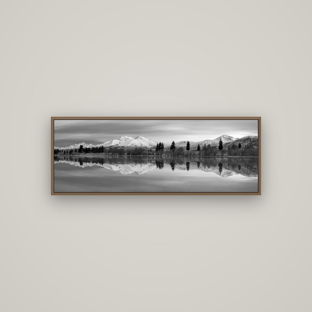 Reflections of Dawn, Big Hill and Potts Range, Basel Walnut, 113×40 cm. New Zealand fine art wall art by Stephen Milner.