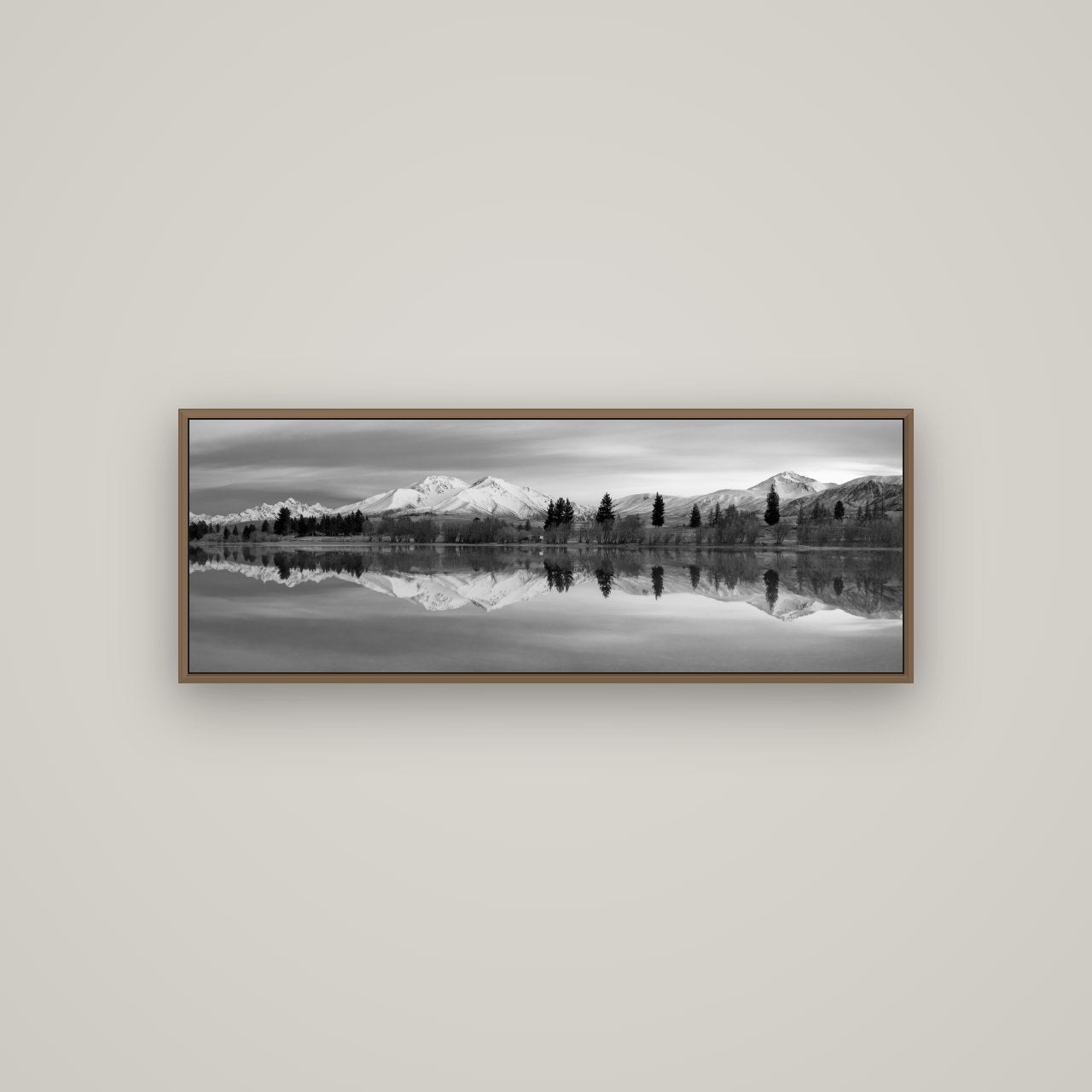 Reflections of Dawn, Big Hill and Potts Range, Basel Walnut, 113×40 cm. New Zealand fine art wall art by Stephen Milner.