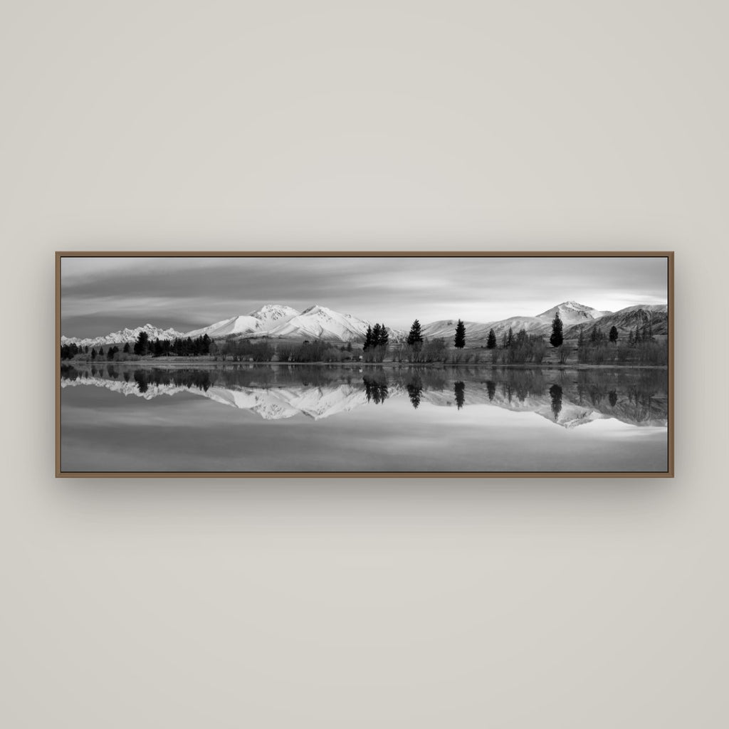 Reflections of Dawn, Big Hill and Potts Range, Basel Walnut, 170×60 cm. New Zealand fine art wall art by Stephen Milner.