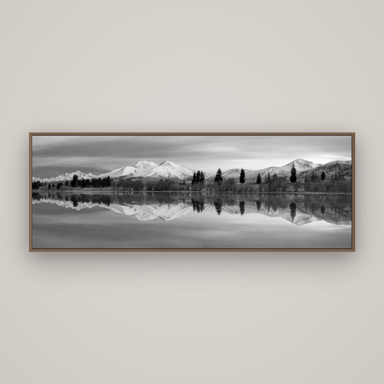 Reflections of Dawn, Big Hill and Potts Range, Basel Walnut, 170×60 cm. New Zealand fine art wall art by Stephen Milner.