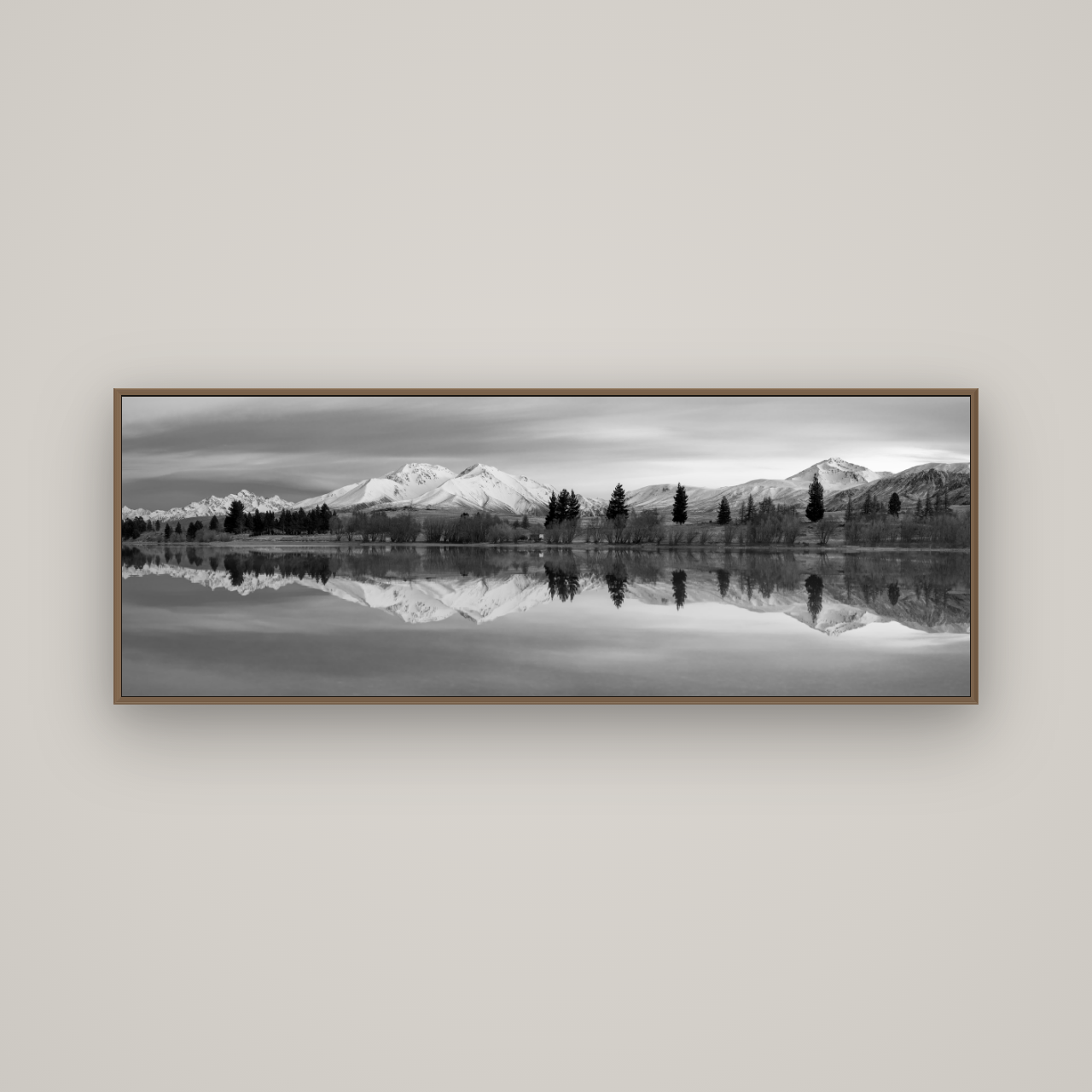 Reflections of Dawn, Big Hill and Potts Range, Basel Walnut, 170×60 cm. New Zealand fine art wall art by Stephen Milner.
