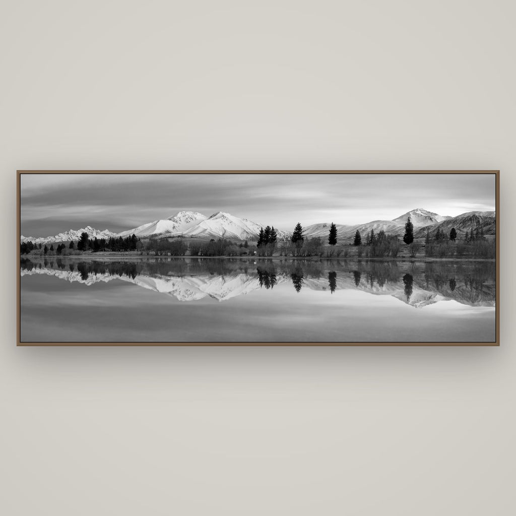 Reflections of Dawn, Big Hill and Potts Range, Basel Walnut, 198×70 cm. New Zealand fine art wall art by Stephen Milner.