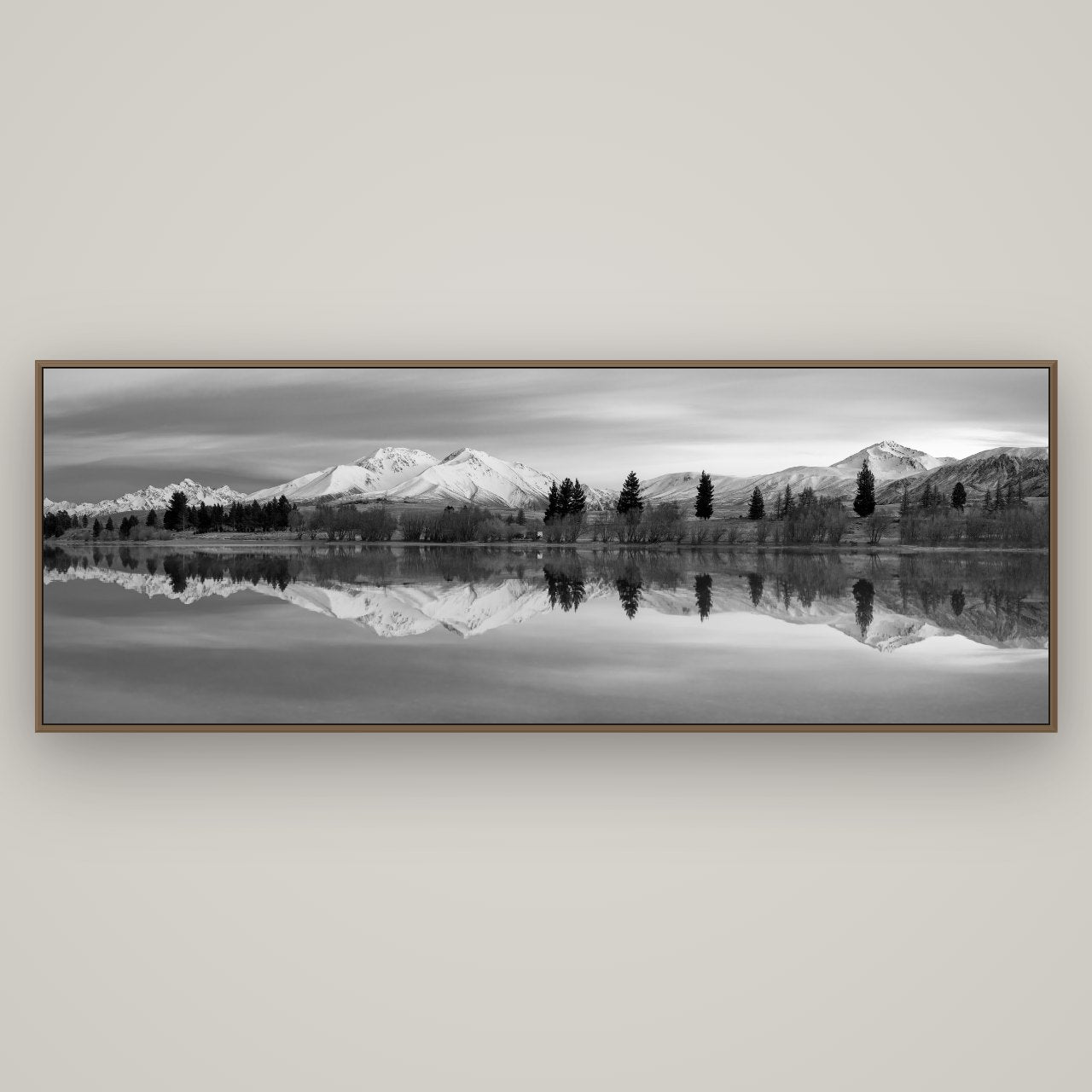 Reflections of Dawn, Big Hill and Potts Range, Basel Walnut, 198×70 cm. New Zealand fine art wall art by Stephen Milner.