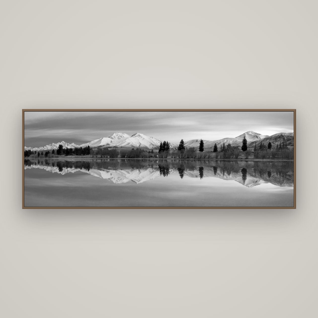 Reflections of Dawn, Big Hill and Potts Range, Basel Walnut, 198×70 cm. New Zealand fine art wall art by Stephen Milner.