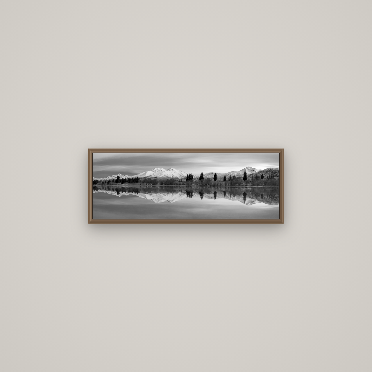 Reflections of Dawn, Big Hill and Potts Range, Basel Walnut, 68×24 cm. New Zealand fine art wall art by Stephen Milner.
