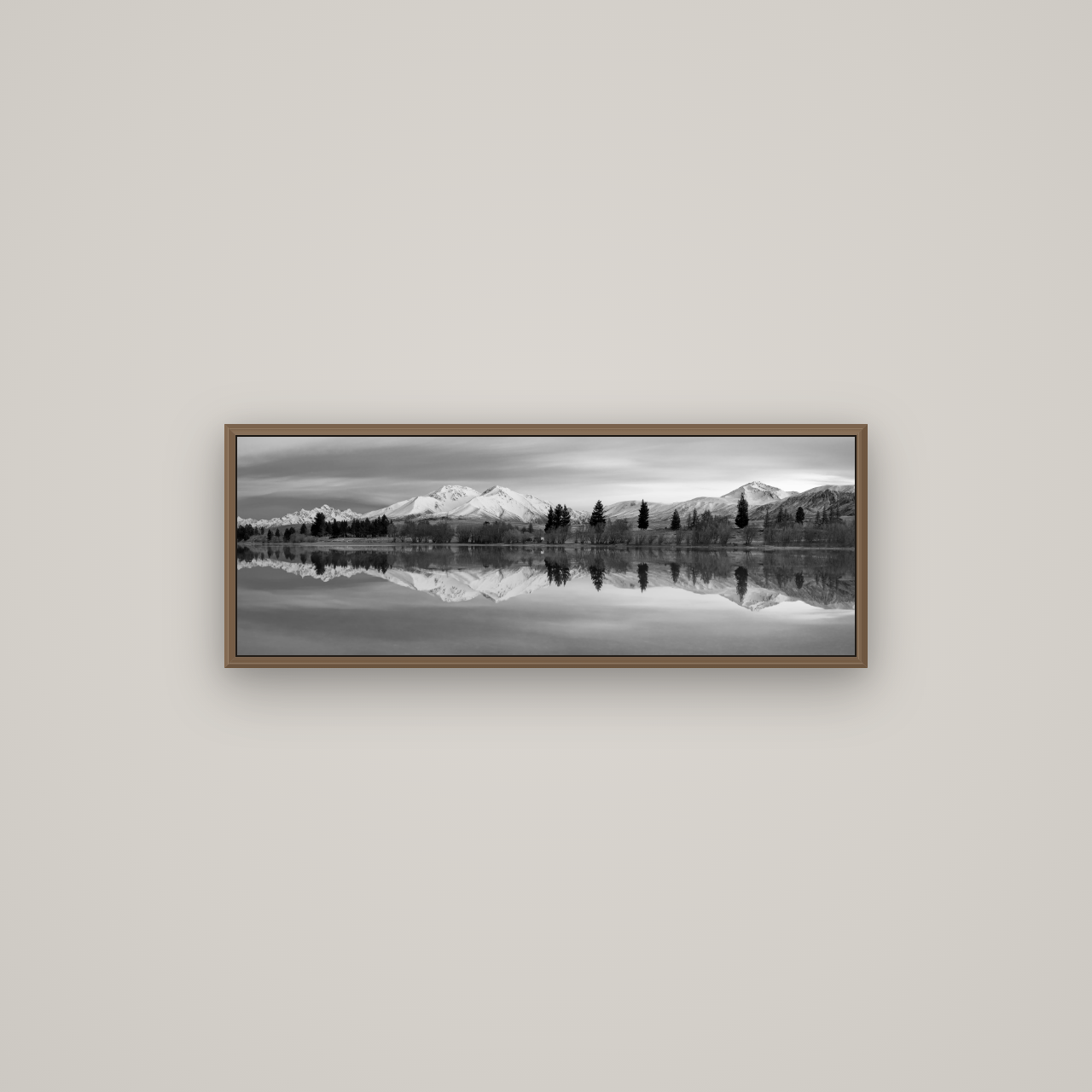 Reflections of Dawn, Big Hill and Potts Range, Basel Walnut, 85×30 cm. New Zealand fine art wall art by Stephen Milner.