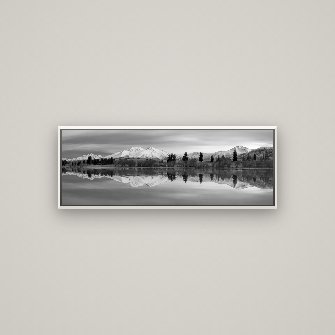 Reflections of Dawn, Big Hill and Potts Range — Basel White, 113×40 cm. New Zealand fine art wall art by Stephen Milner.