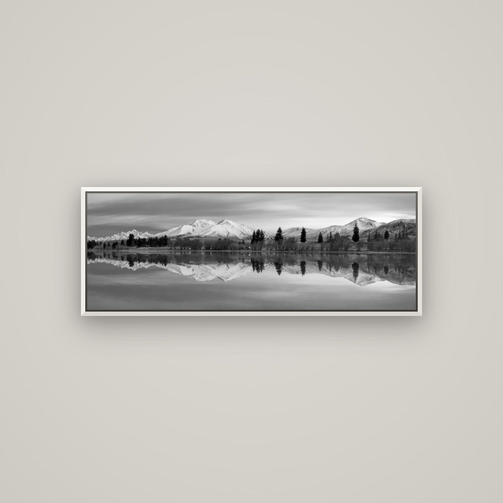 Reflections of Dawn, Big Hill and Potts Range — Basel White, 113×40 cm. New Zealand fine art wall art by Stephen Milner.