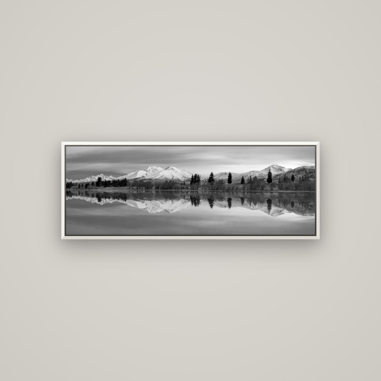 Reflections of Dawn, Big Hill and Potts Range — Basel White, 113×40 cm. New Zealand fine art wall art by Stephen Milner.