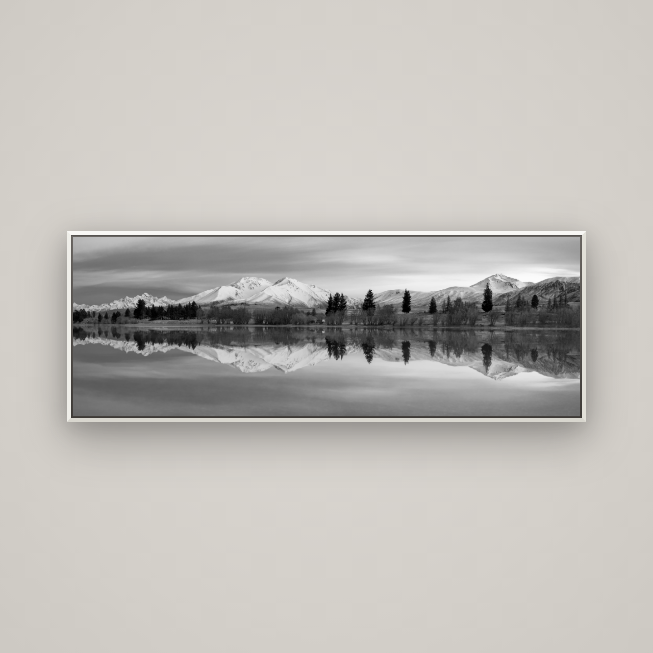 Reflections of Dawn, Big Hill and Potts Range — Basel White, 170×60 cm. New Zealand fine art wall art by Stephen Milner.
