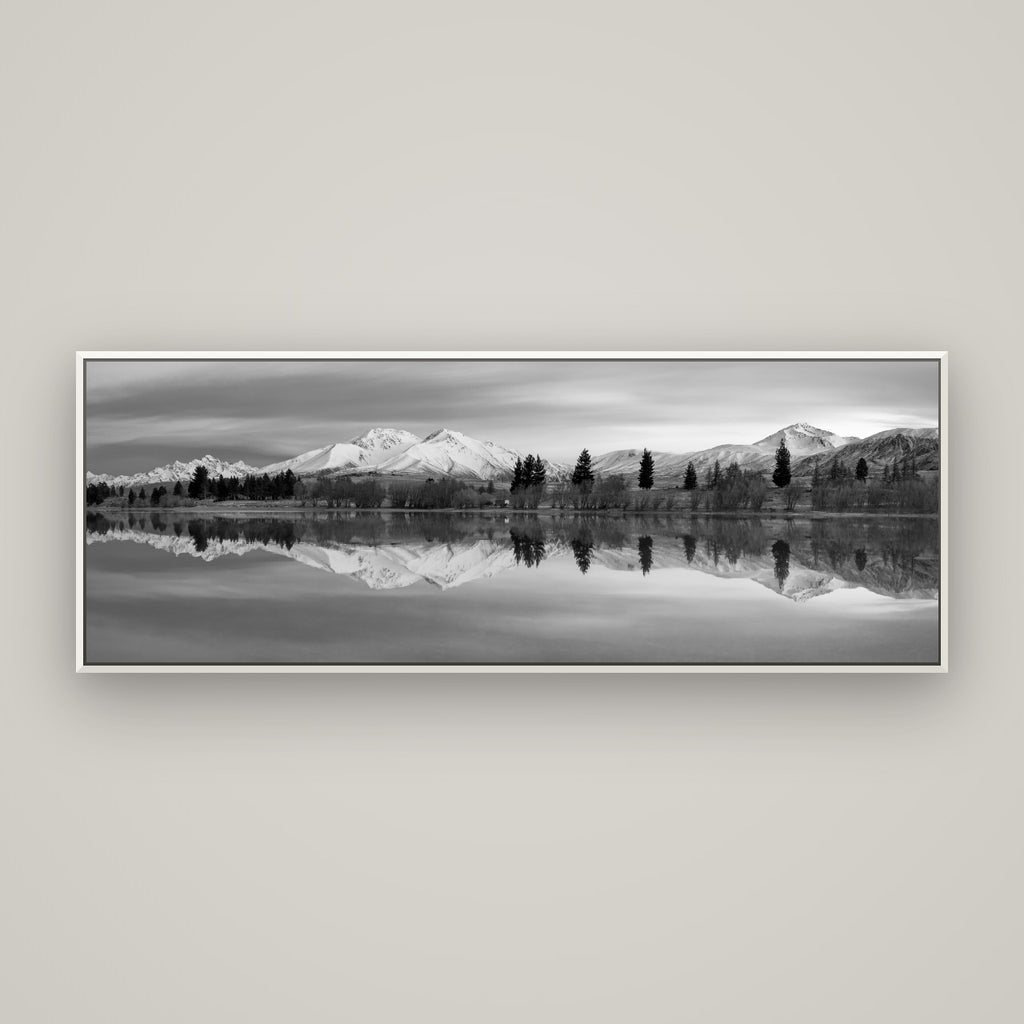 Reflections of Dawn, Big Hill and Potts Range — Basel White, 170×60 cm. New Zealand fine art wall art by Stephen Milner.