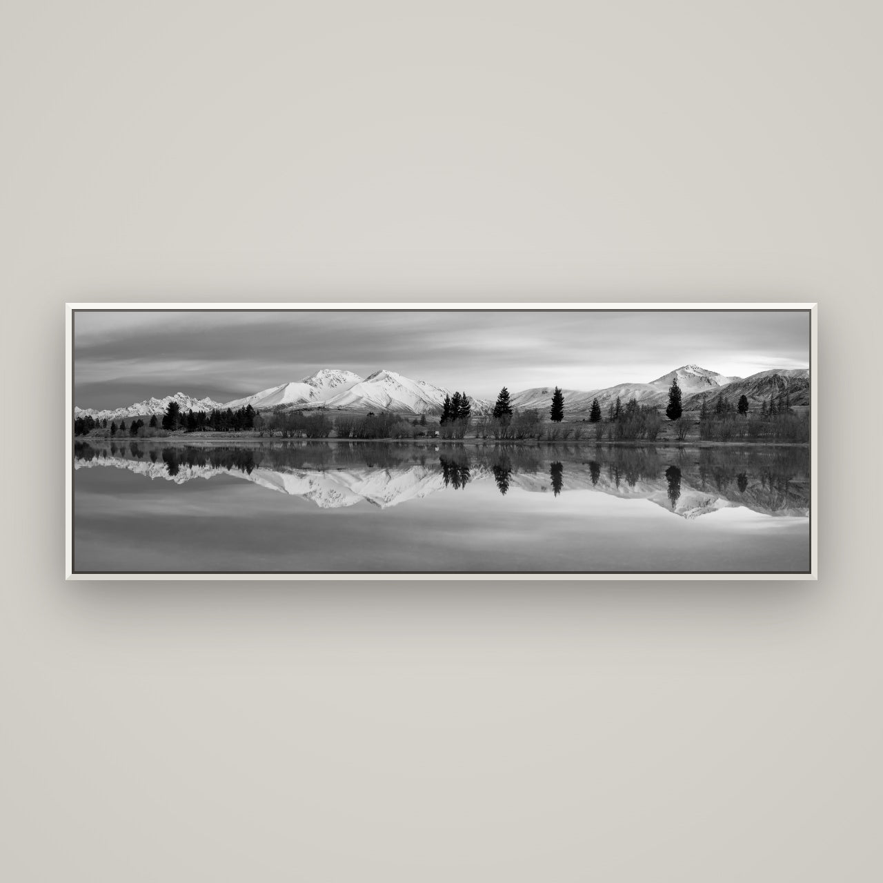 Reflections of Dawn, Big Hill and Potts Range — Basel White, 170×60 cm. New Zealand fine art wall art by Stephen Milner.