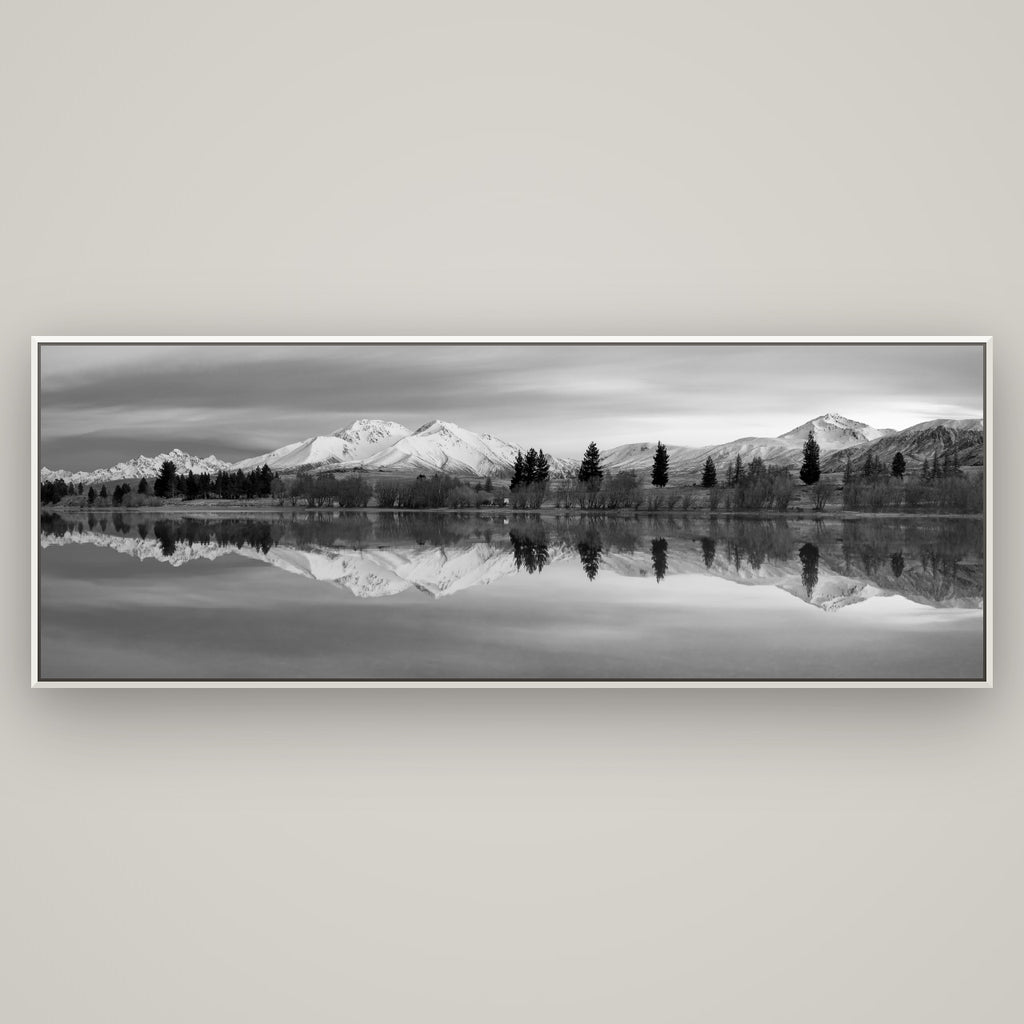 Reflections of Dawn, Big Hill and Potts Range — Basel White, 198×70 cm. New Zealand fine art wall art by Stephen Milner.
