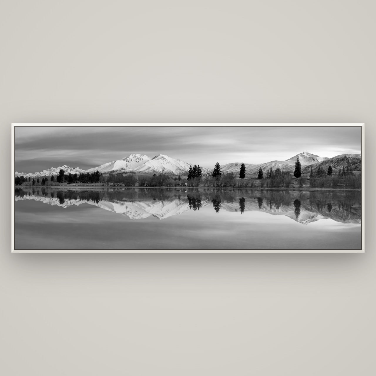 Reflections of Dawn, Big Hill and Potts Range — Basel White, 198×70 cm. New Zealand fine art wall art by Stephen Milner.