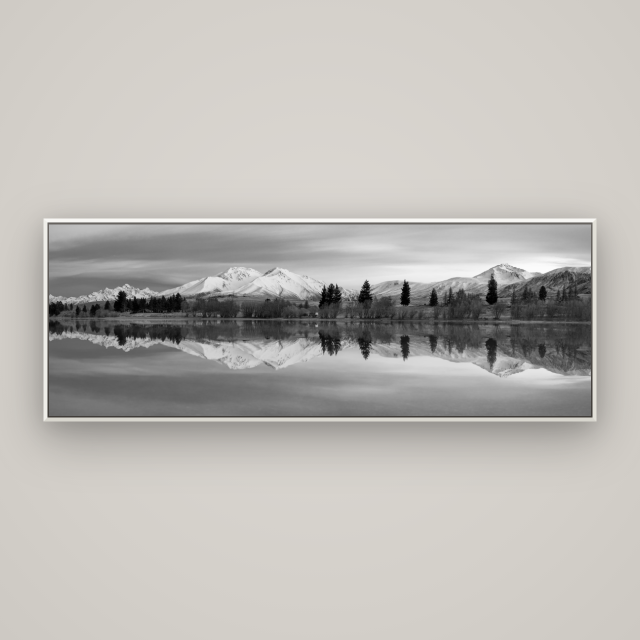 Reflections of Dawn, Big Hill and Potts Range — Basel White, 198×70 cm. New Zealand fine art wall art by Stephen Milner.