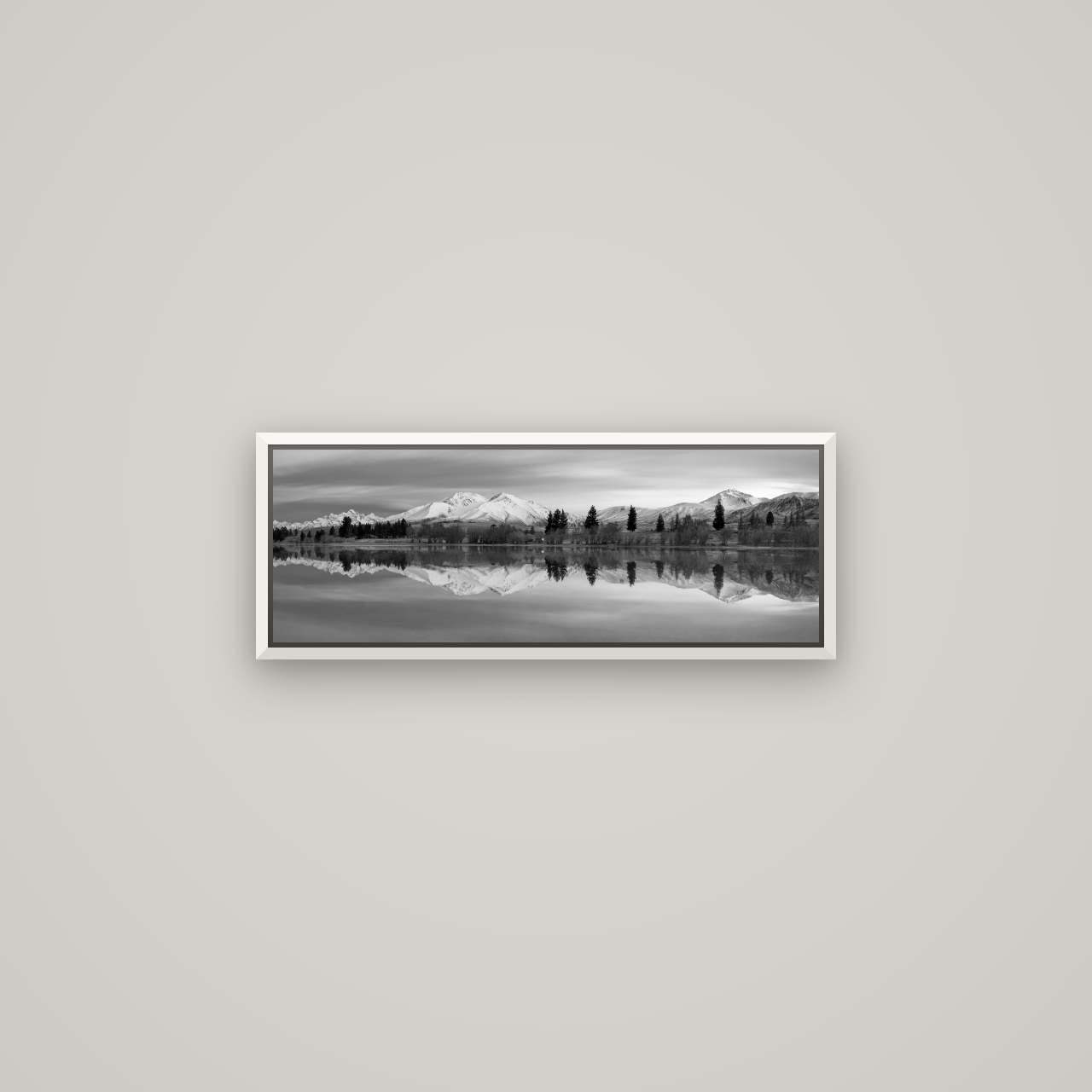 Reflections of Dawn, Big Hill and Potts Range — Basel White, 68×24 cm. New Zealand fine art wall art by Stephen Milner.