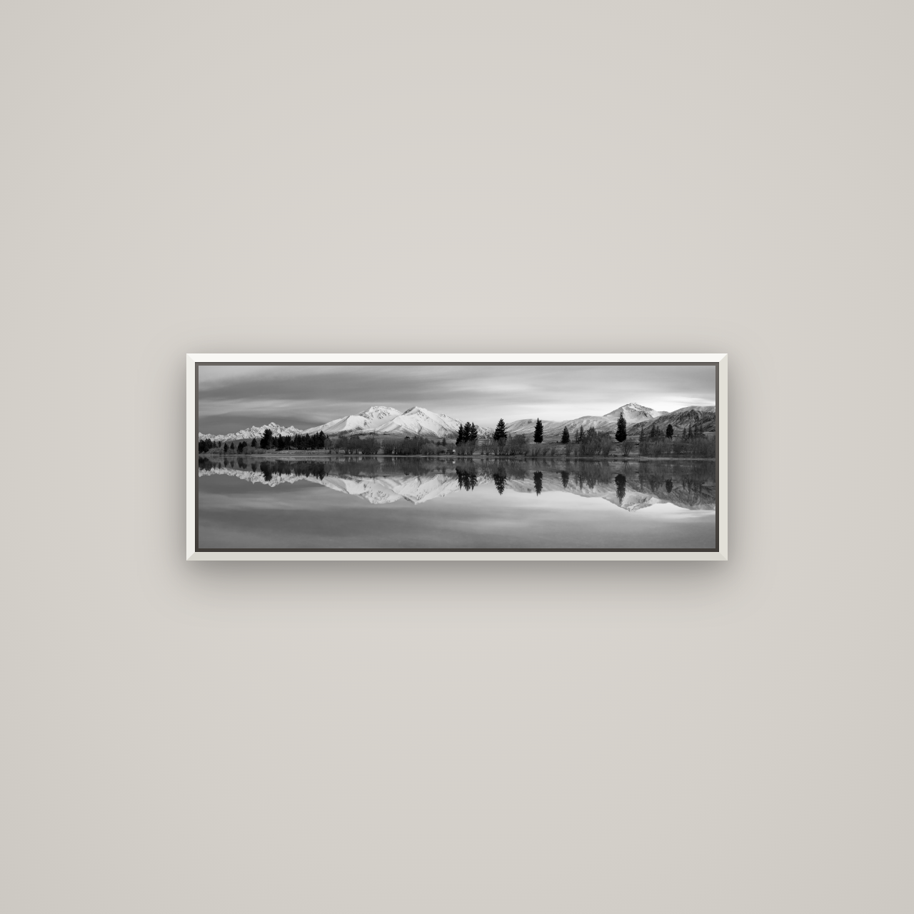 Reflections of Dawn, Big Hill and Potts Range — Basel White, 85×30 cm. New Zealand fine art wall art by Stephen Milner.
