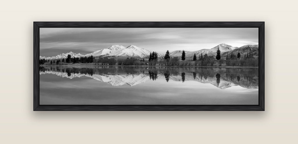 Reflections of Dawn, Big Hill and Potts Range — black float frame canvas, 152 × 56 cm. New Zealand fine art landscape wall art by Stephen Milner.