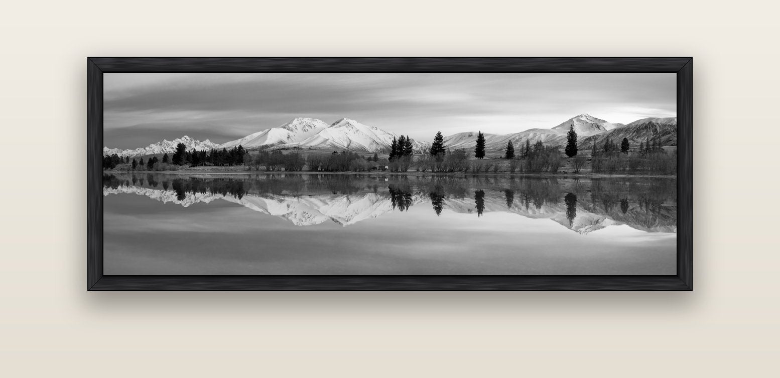 Reflections of Dawn, Big Hill and Potts Range — black float frame canvas, 152 × 56 cm. New Zealand fine art landscape wall art by Stephen Milner.