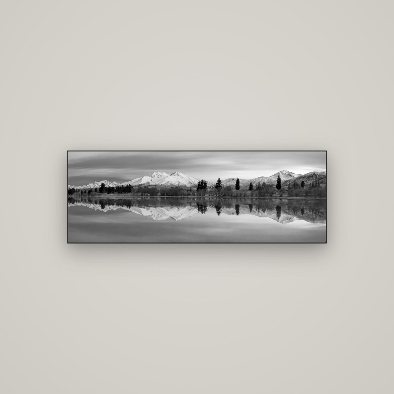 Reflections of Dawn, Big Hill and Potts Range — Slimline Black, 113×40 cm. New Zealand fine art wall art by Stephen Milner.