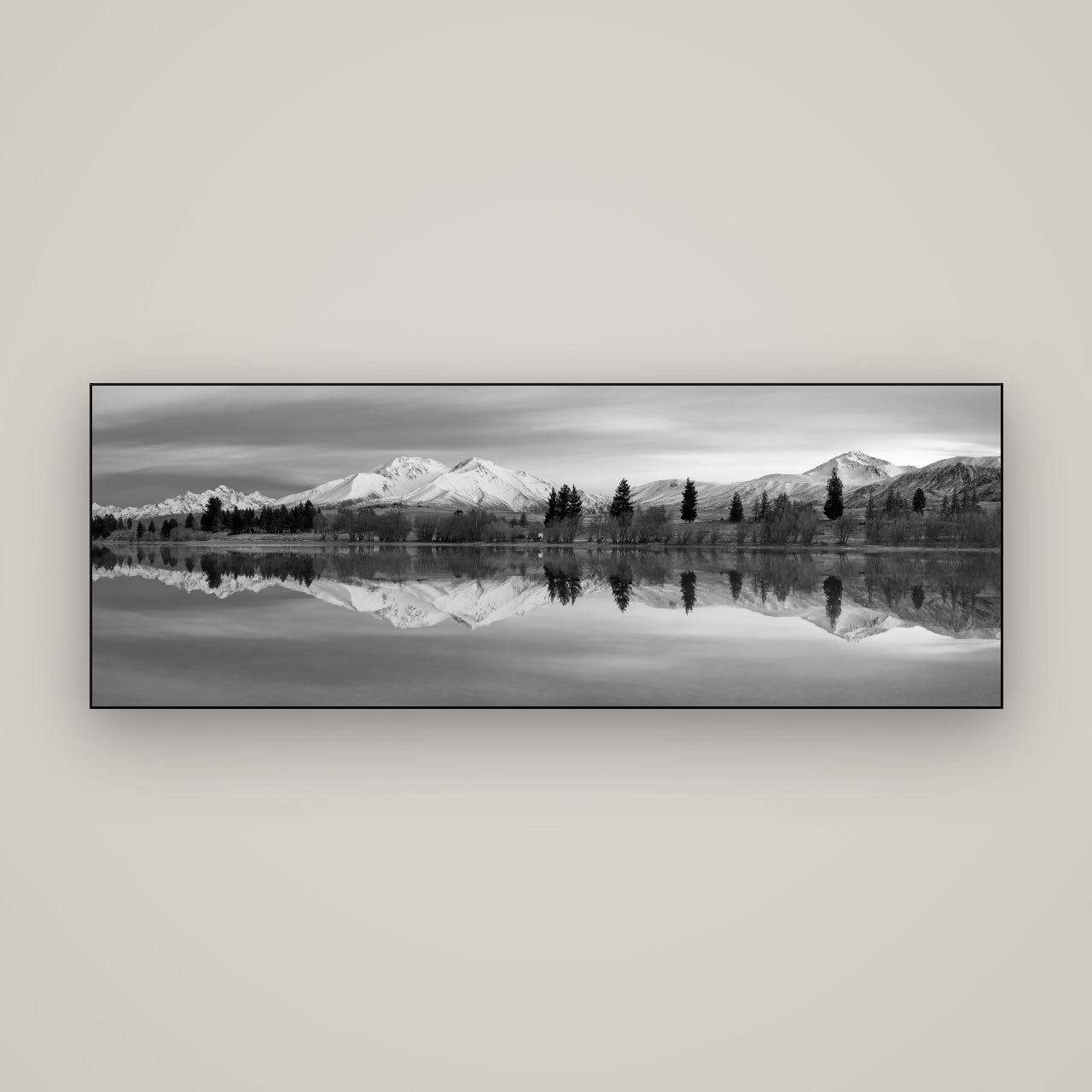 Reflections of Dawn, Big Hill and Potts Range — Slimline Black, 170×60 cm. New Zealand fine art wall art by Stephen Milner.