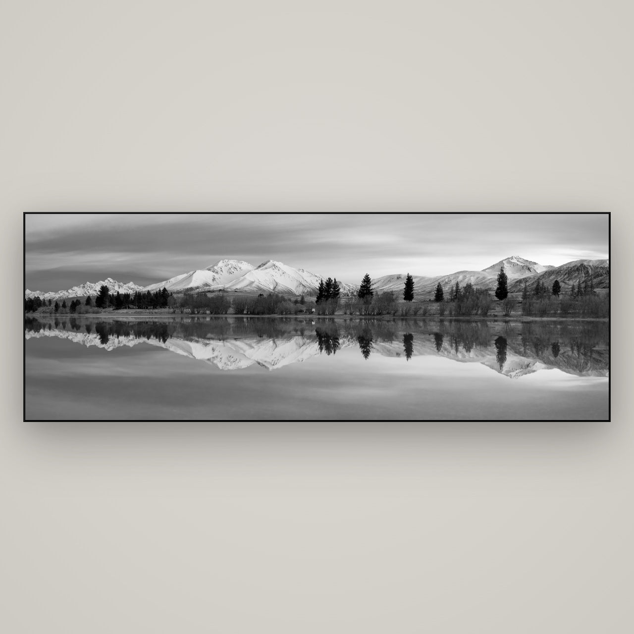 Reflections of Dawn, Big Hill and Potts Range — Slimline Black, 198×70 cm. New Zealand fine art wall art by Stephen Milner.