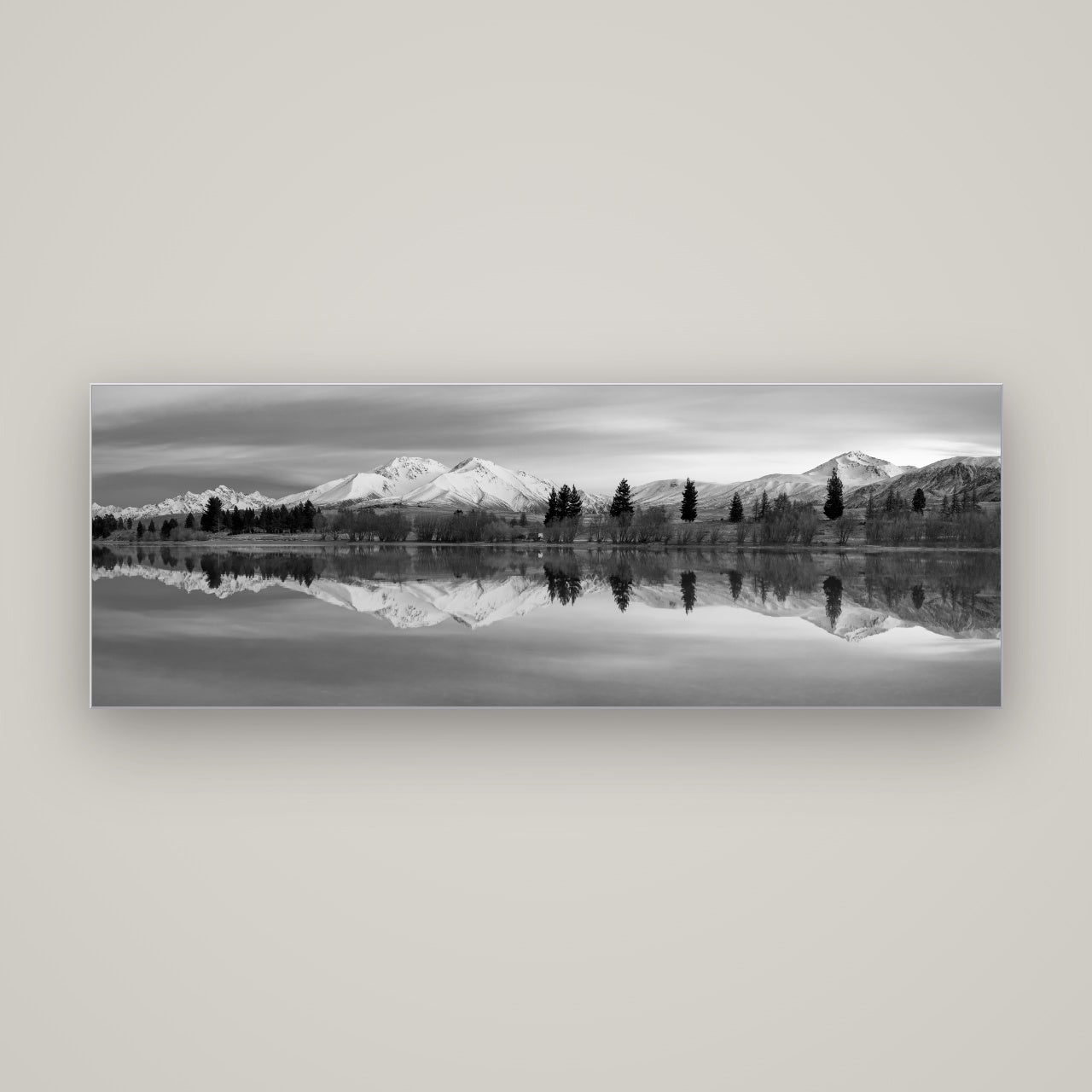 Reflections of Dawn, Big Hill and Potts Range — Slimline Silver, 170×60 cm. New Zealand fine art wall art by Stephen Milner.