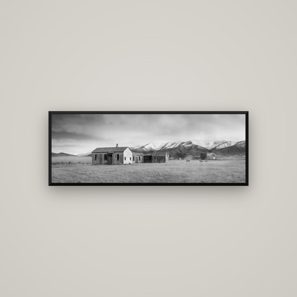 Resilience in Ruin, Echoes of a Forgotten Farm — Basel Black Matte, 113×40 cm. New Zealand fine art wall art by Stephen Milner.