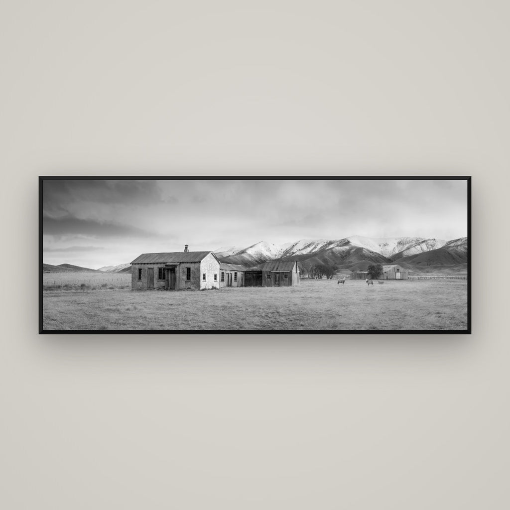 Resilience in Ruin, Echoes of a Forgotten Farm — Basel Black Matte, 170×60 cm. New Zealand fine art wall art by Stephen Milner.
