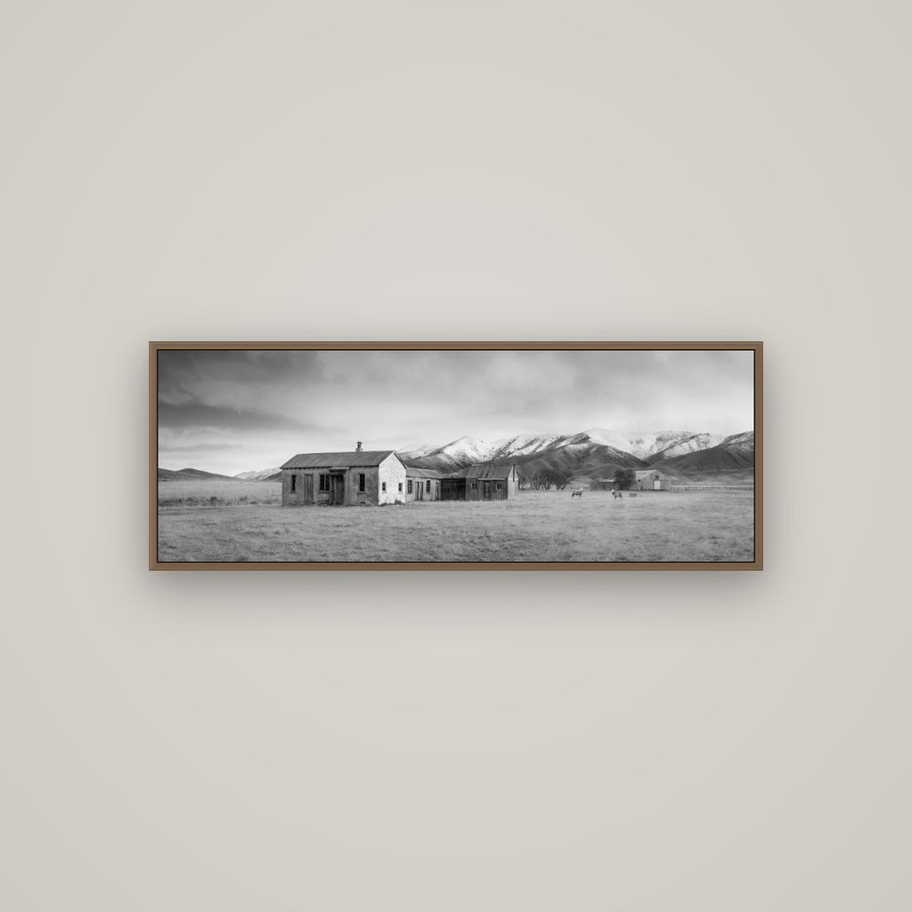 Resilience in Ruin, Echoes of a Forgotten Farm, Basel Walnut, 113×40 cm. New Zealand fine art wall art by Stephen Milner.