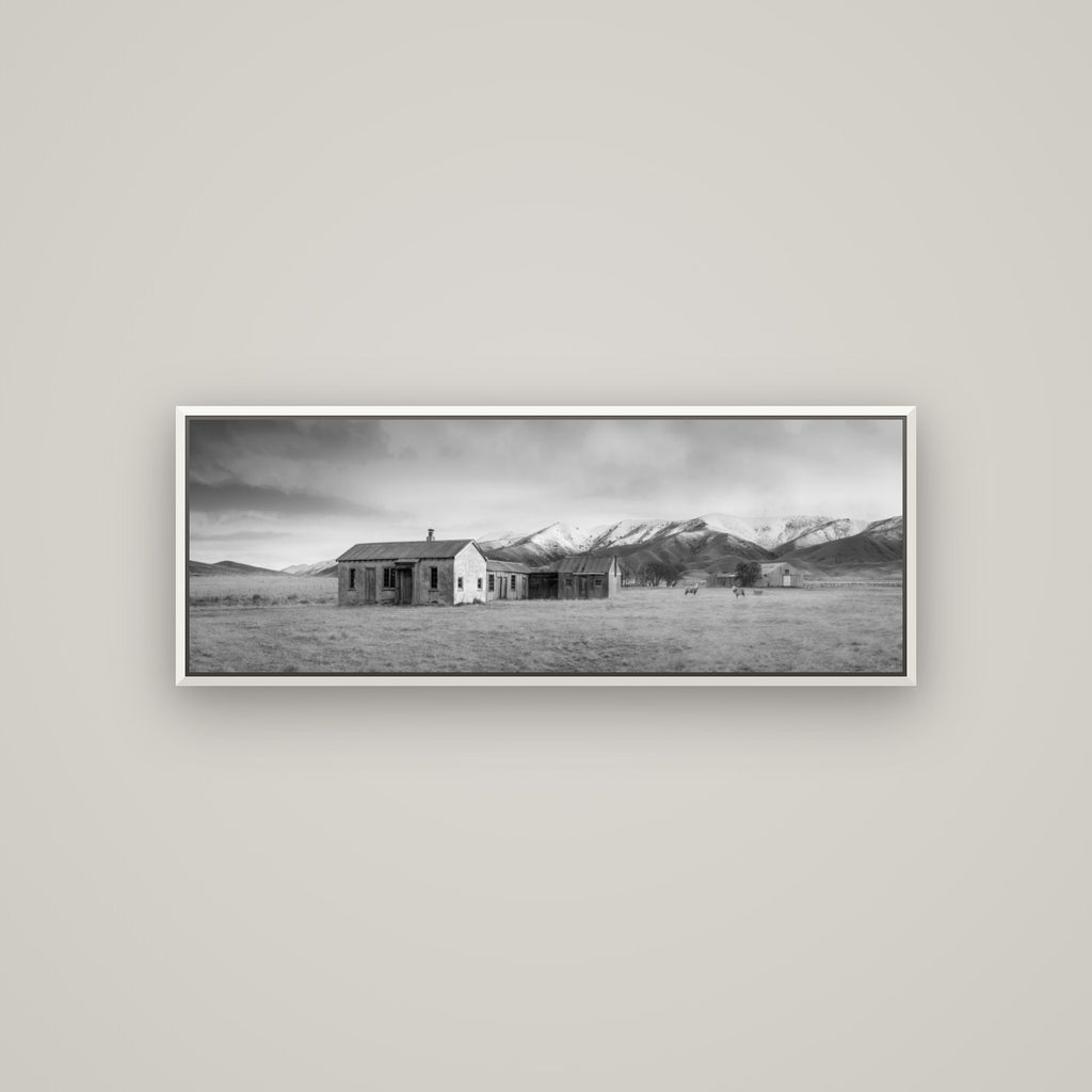 Resilience in Ruin, Echoes of a Forgotten Farm — Basel White, 113×40 cm. New Zealand fine art wall art by Stephen Milner.