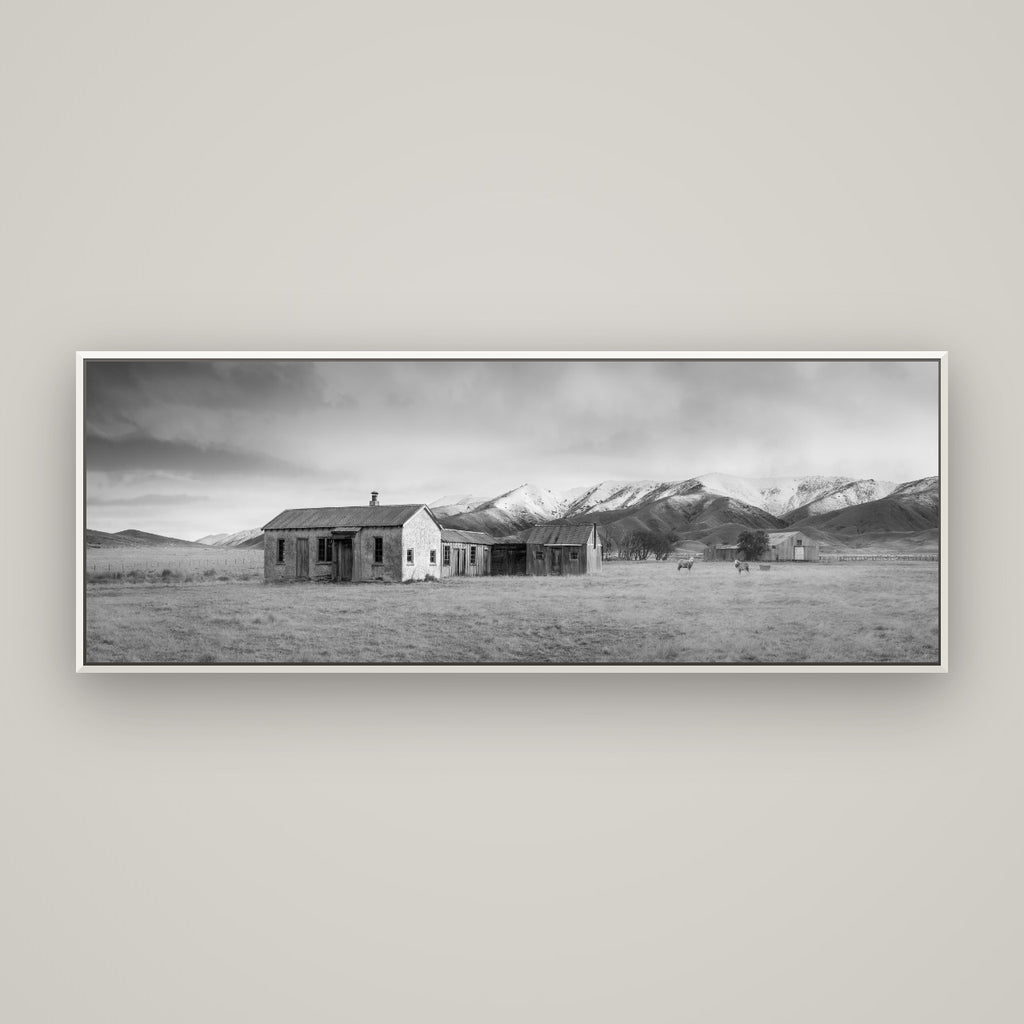 Resilience in Ruin, Echoes of a Forgotten Farm — Basel White, 170×60 cm. New Zealand fine art wall art by Stephen Milner.