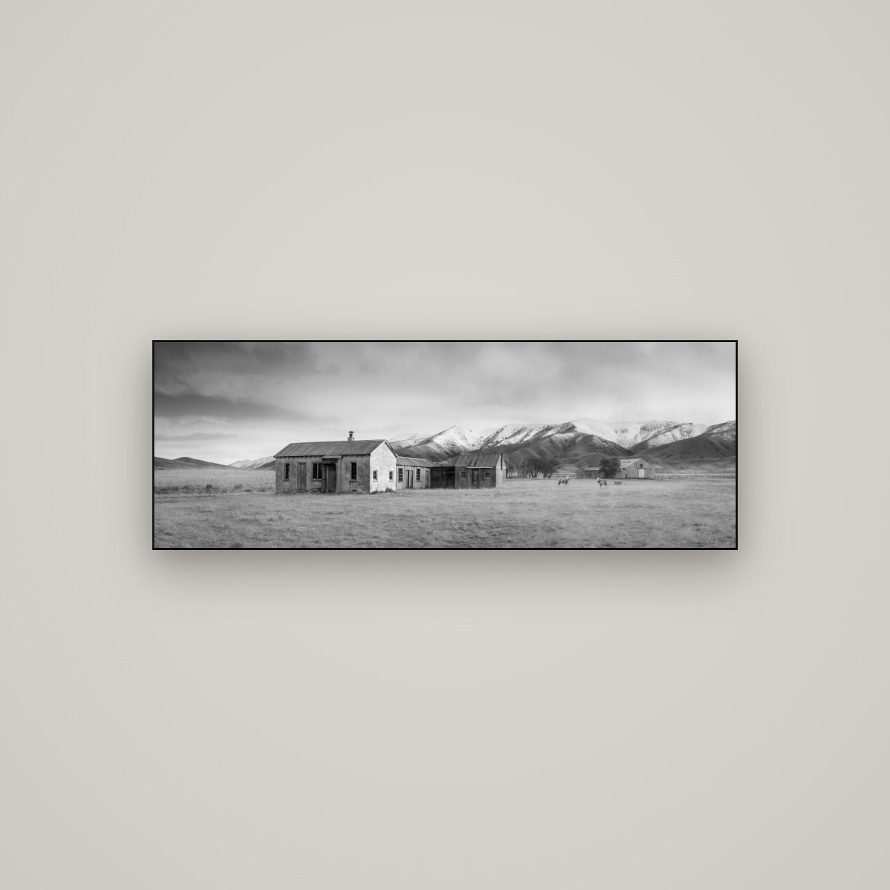 Resilience in Ruin, Echoes of a Forgotten Farm — Slimline Black, 113×40 cm. New Zealand fine art wall art by Stephen Milner.