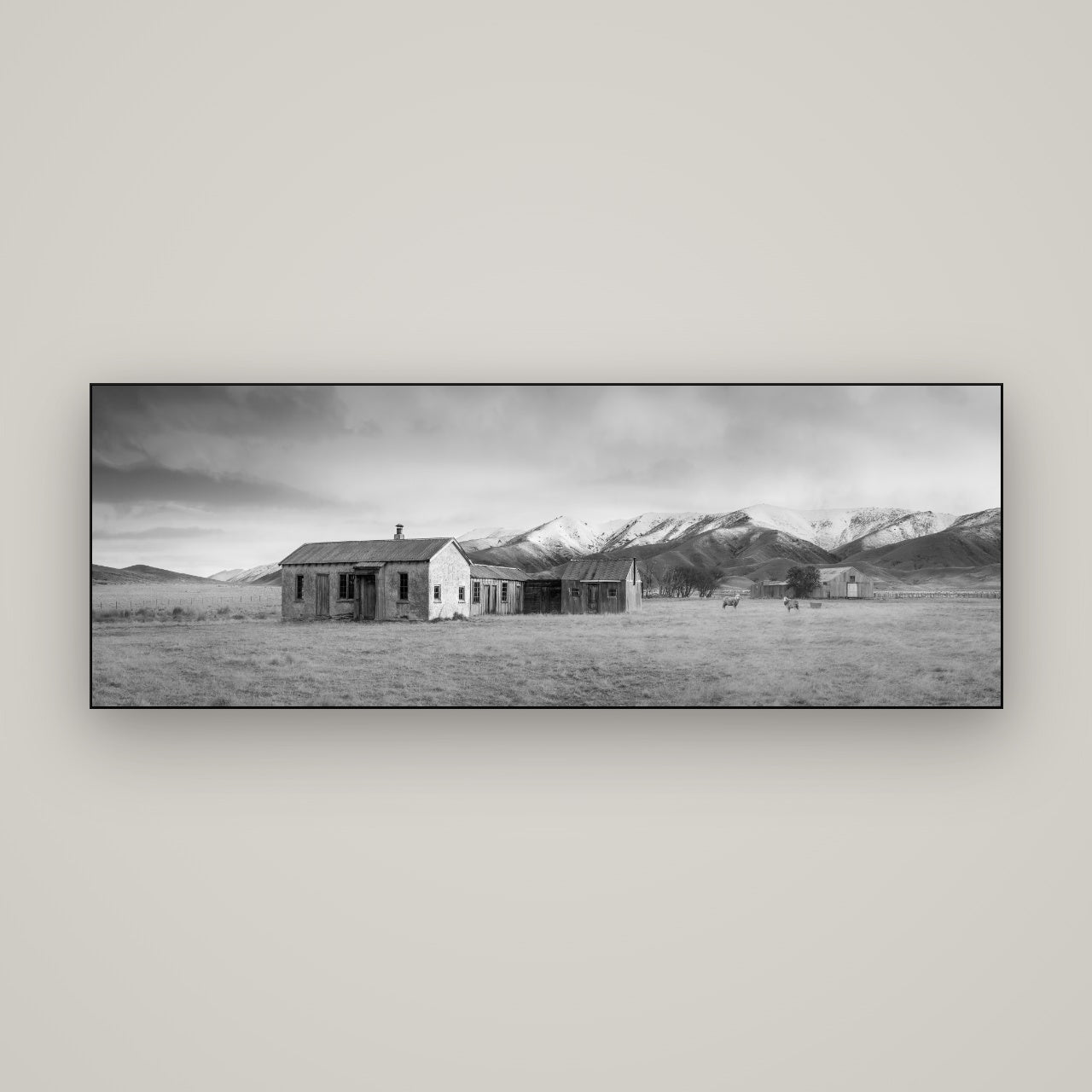 Resilience in Ruin, Echoes of a Forgotten Farm — Slimline Black, 170×60 cm. New Zealand fine art wall art by Stephen Milner.