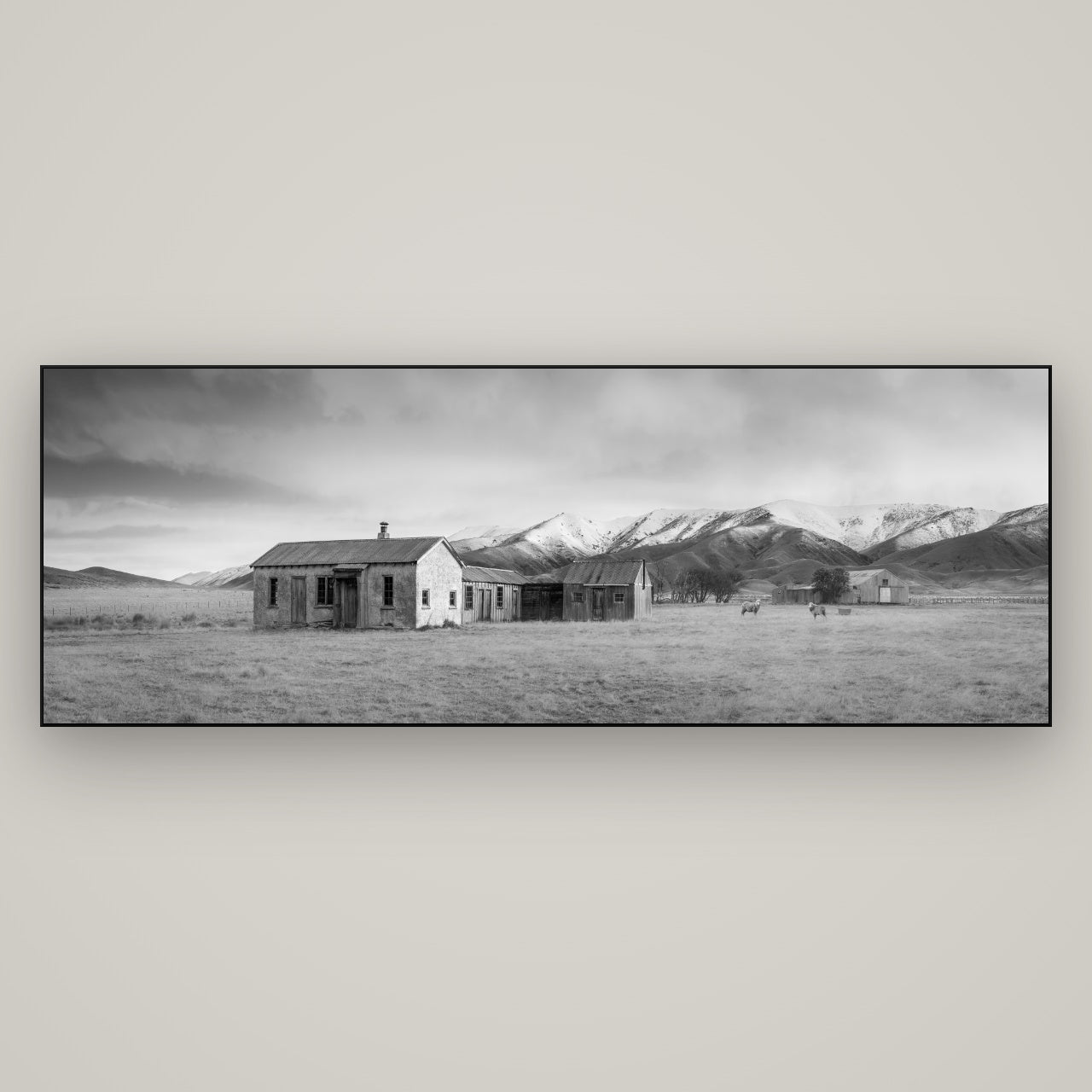 Resilience in Ruin, Echoes of a Forgotten Farm — Slimline Black, 198×70 cm. New Zealand fine art wall art by Stephen Milner.