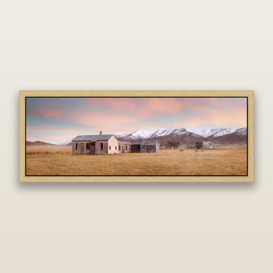 Resilience in Ruin, Echoes of a Forgotten Farm — framed metallic canvas print, Natural frame. New Zealand fine art landscape wall art by Stephen Milner.