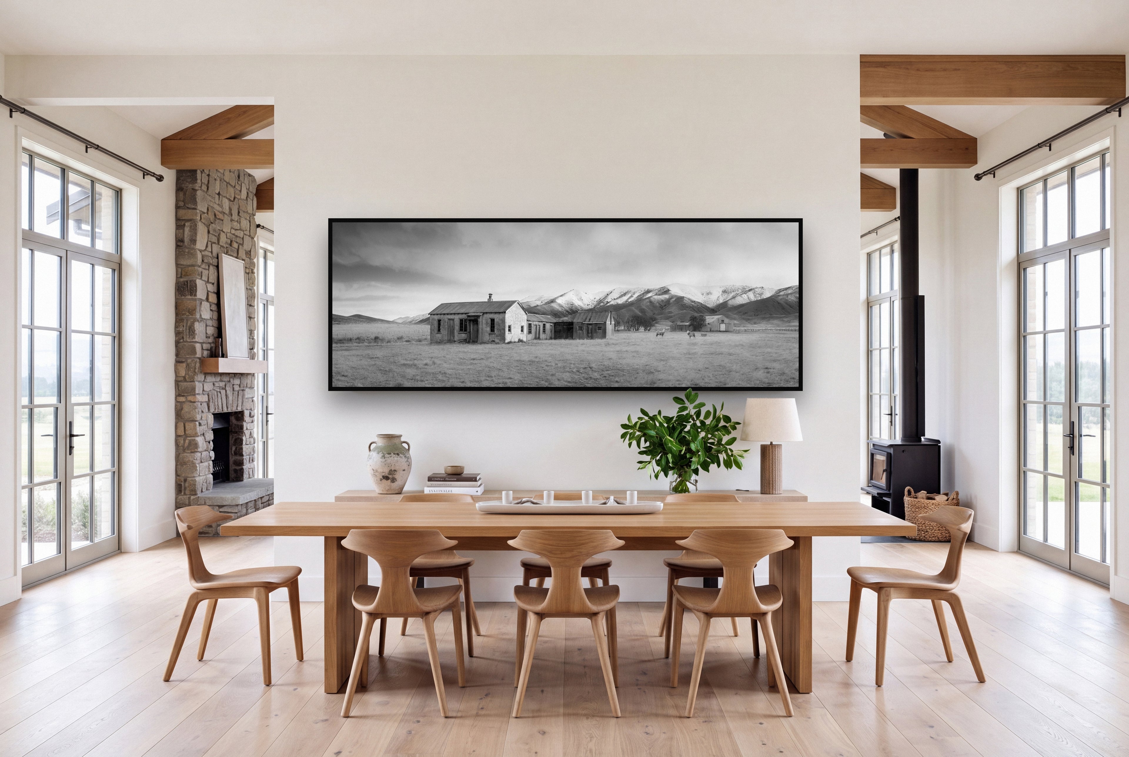 Resilience in Ruin, Echoes of a Forgotten Farm shown as large black and white wall art in a styled room, fine art by Stephen Milner.