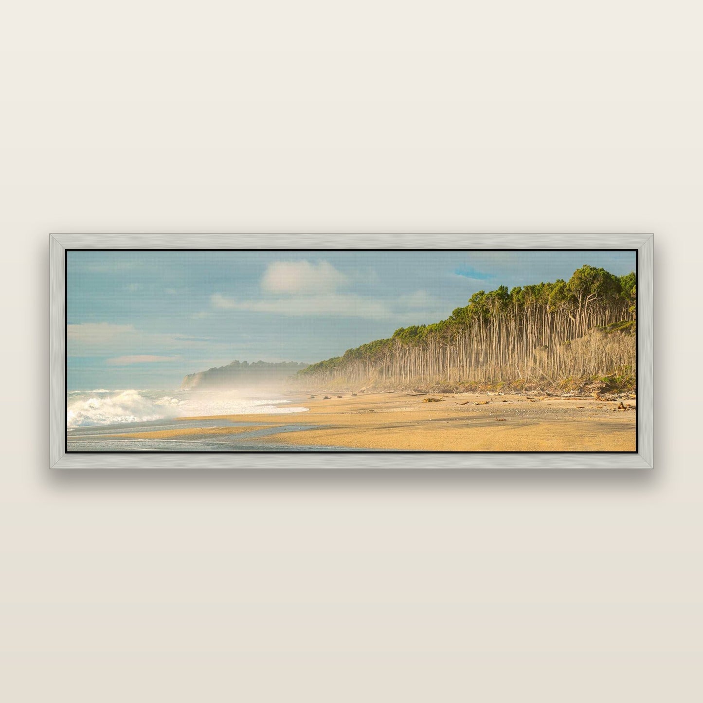 Rimu Rhythms, Bruce Bay's Wild Serenity — framed metallic canvas print, Antique Silver frame. New Zealand fine art landscape wall art by Stephen Milner.