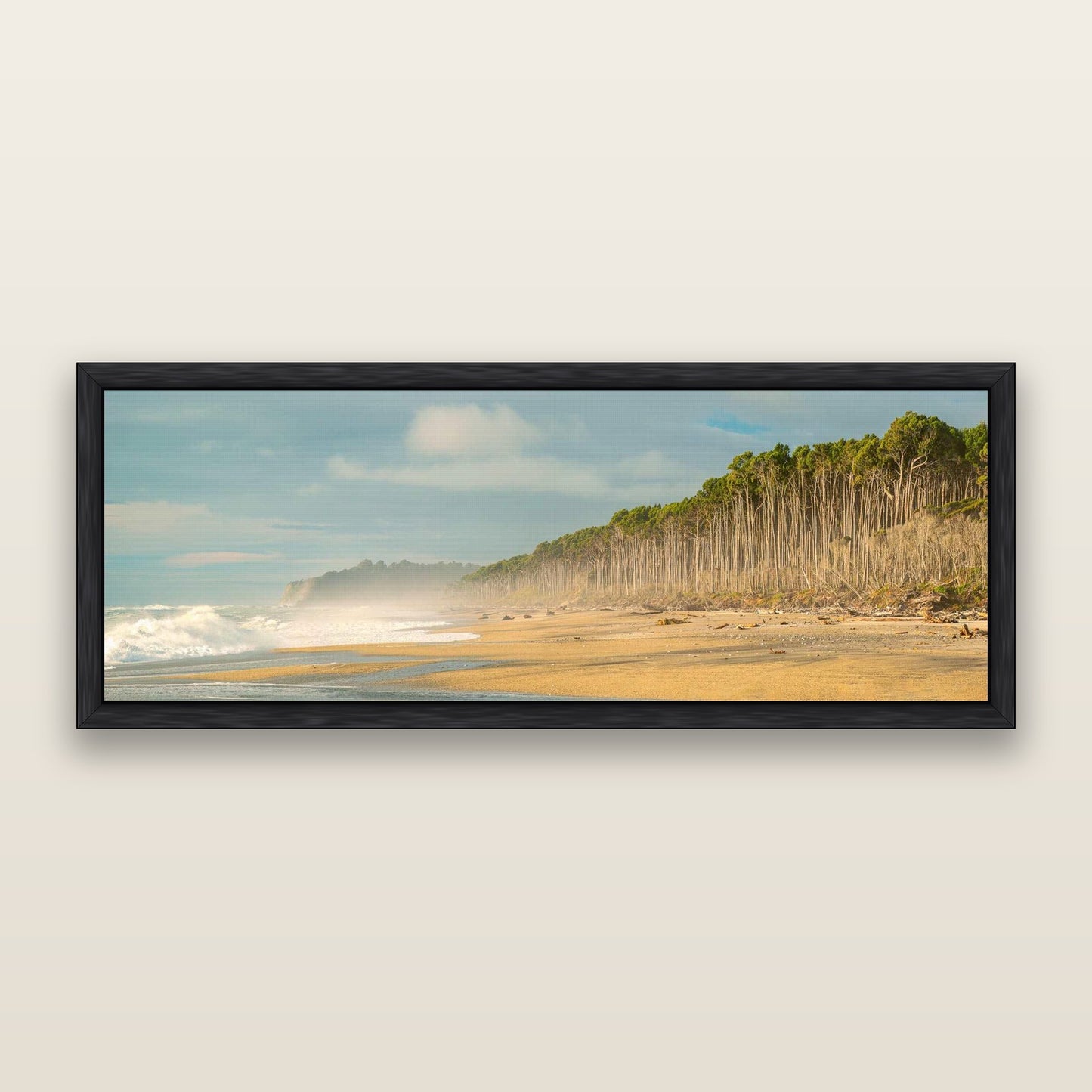 Rimu Rhythms, Bruce Bay's Wild Serenity — framed metallic canvas print, Black frame. New Zealand fine art landscape wall art by Stephen Milner.