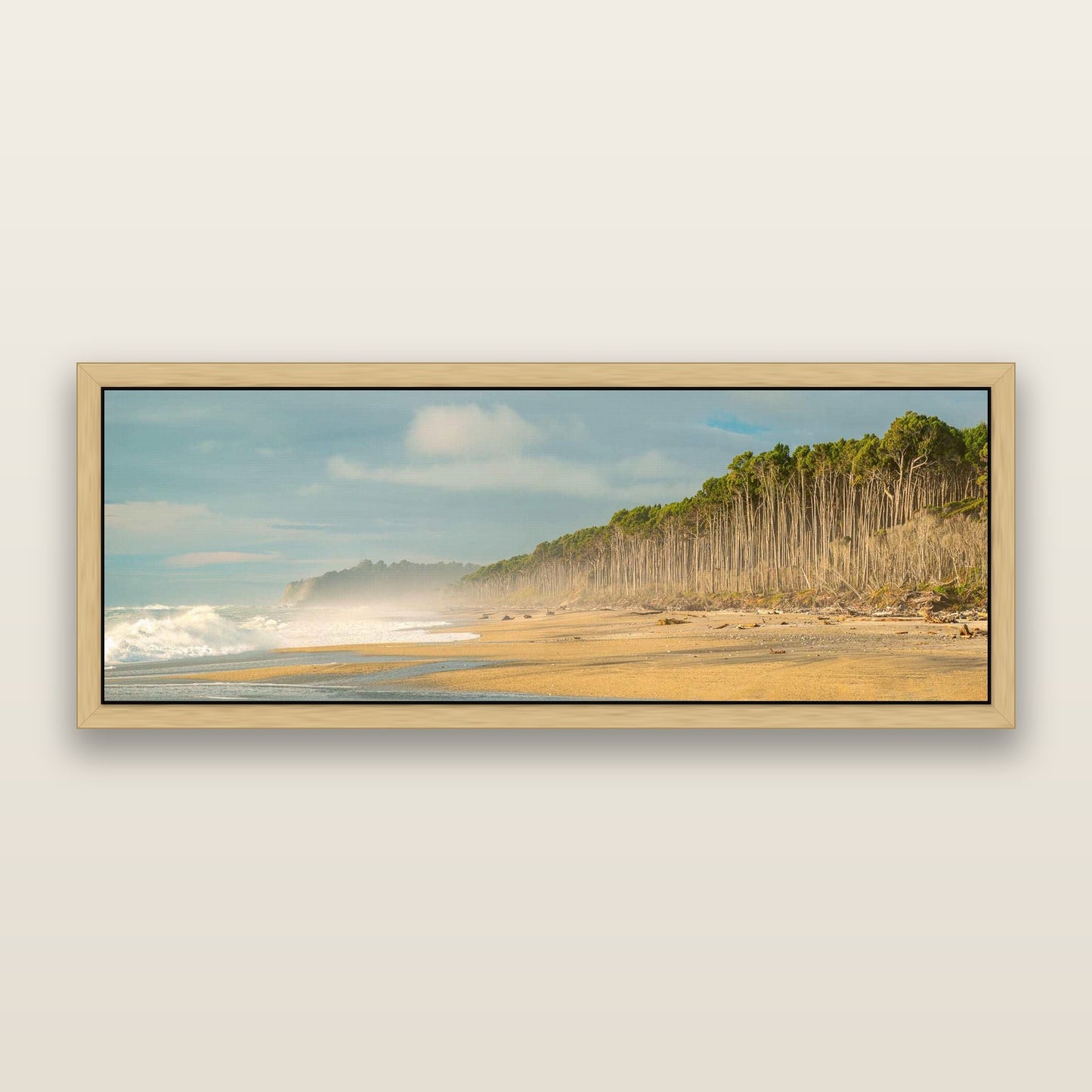Rimu Rhythms, Bruce Bay's Wild Serenity — framed metallic canvas print, Natural frame. New Zealand fine art landscape wall art by Stephen Milner.