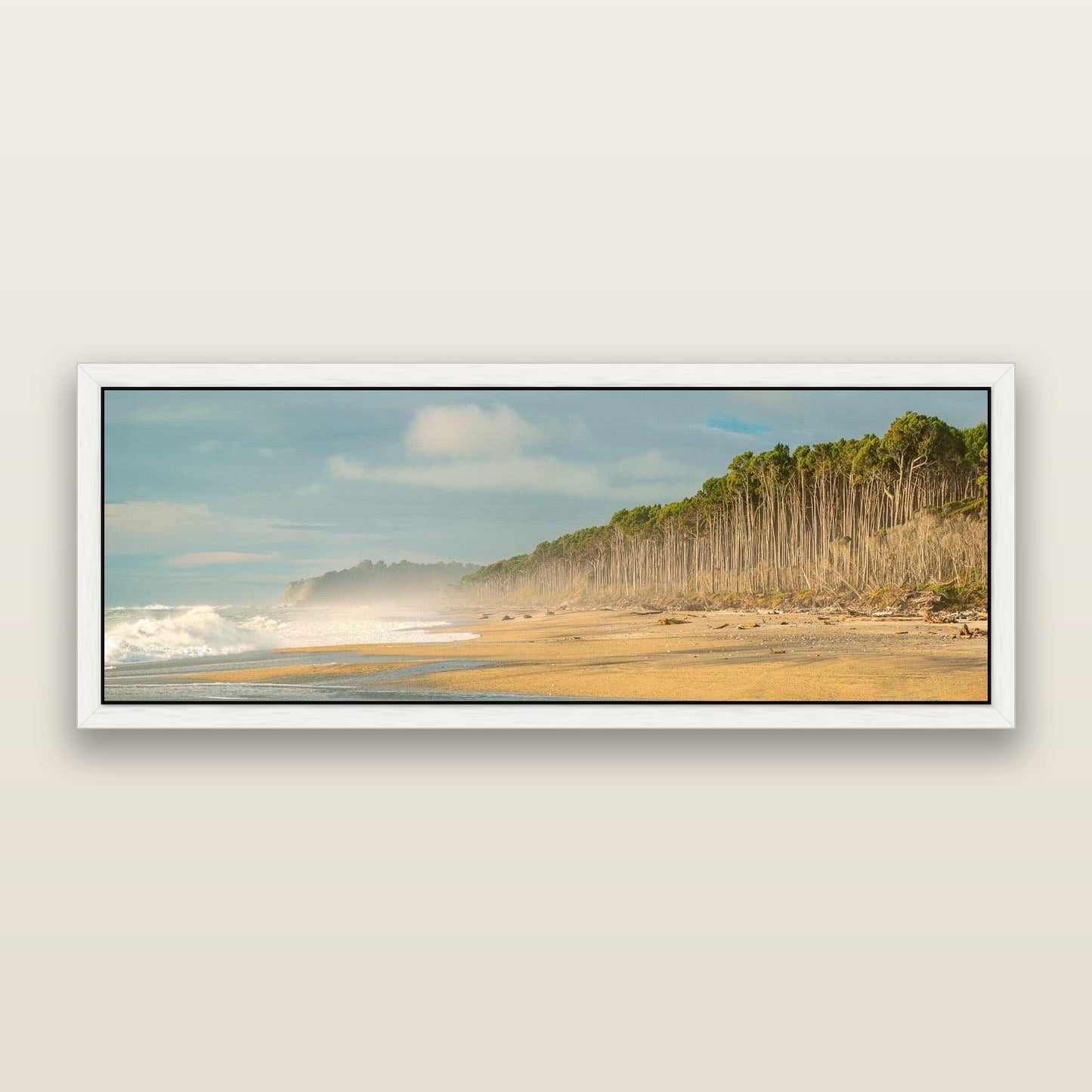 Rimu Rhythms, Bruce Bay's Wild Serenity — framed metallic canvas print, White frame. New Zealand fine art landscape wall art by Stephen Milner.