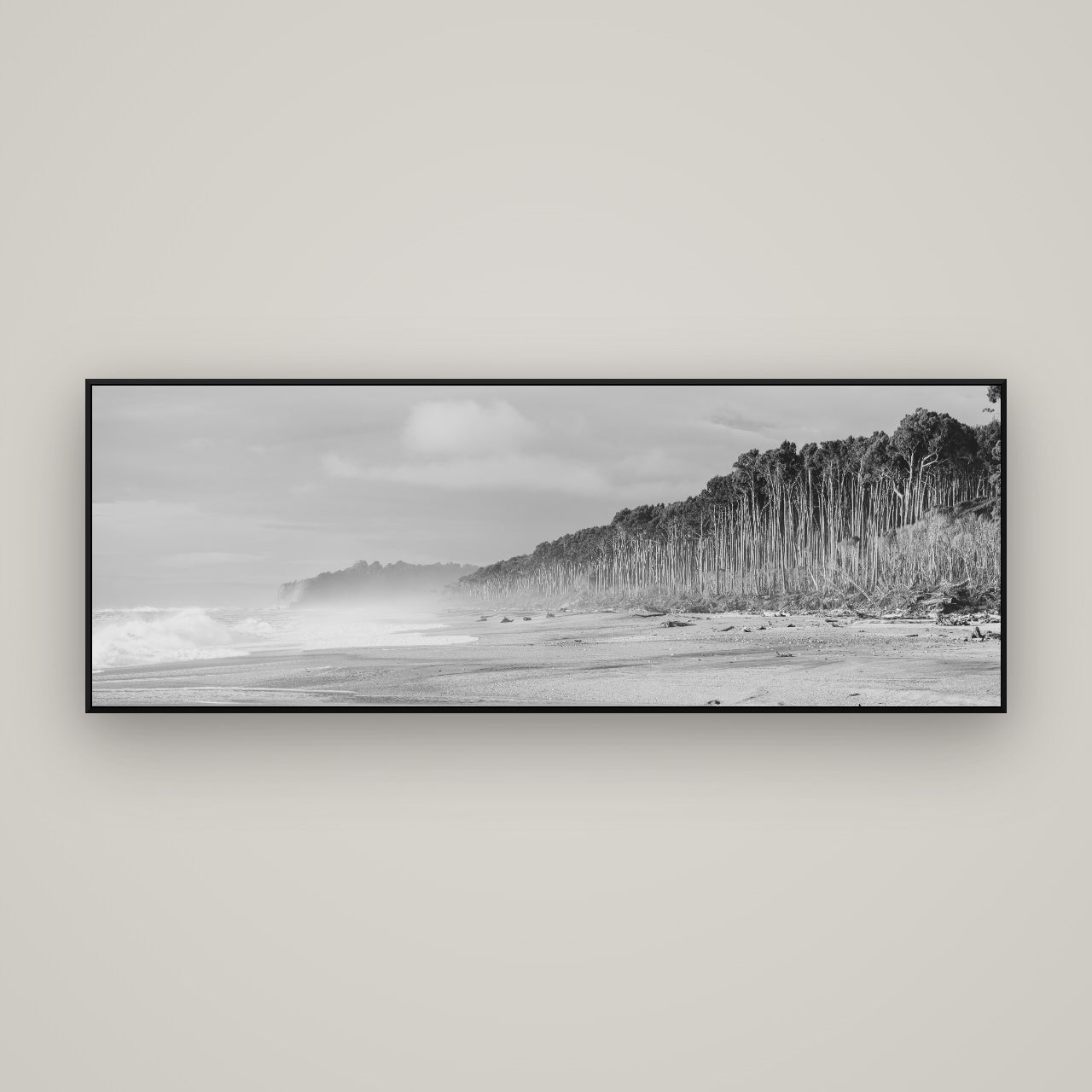 Rimu Rhythms, Bruce Bay's Wild Serenity — ArtBox Black, 170×60 cm. New Zealand fine art wall art by Stephen Milner.