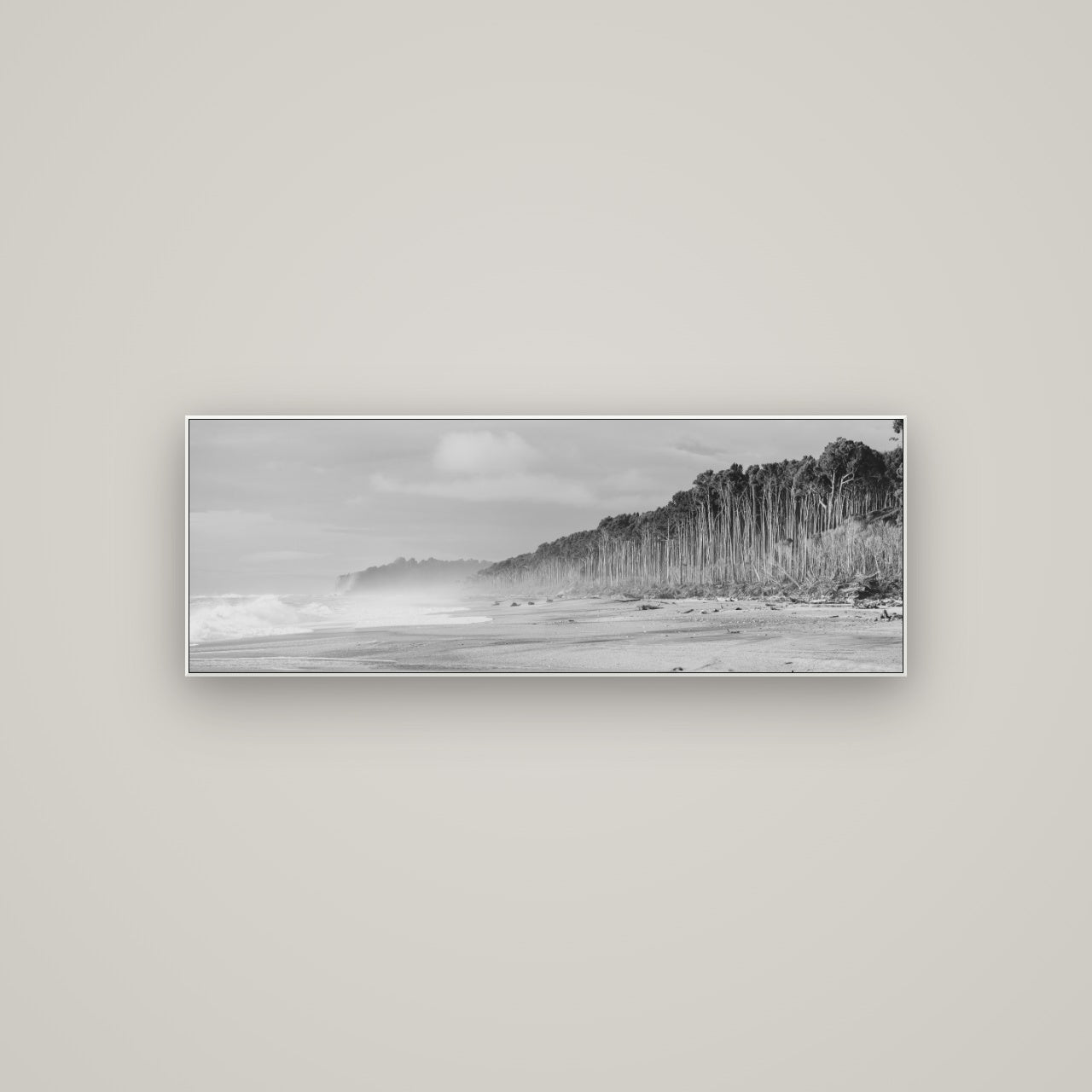 Rimu Rhythms, Bruce Bay's Wild Serenity — ArtBox White, 113×40 cm. New Zealand fine art wall art by Stephen Milner.