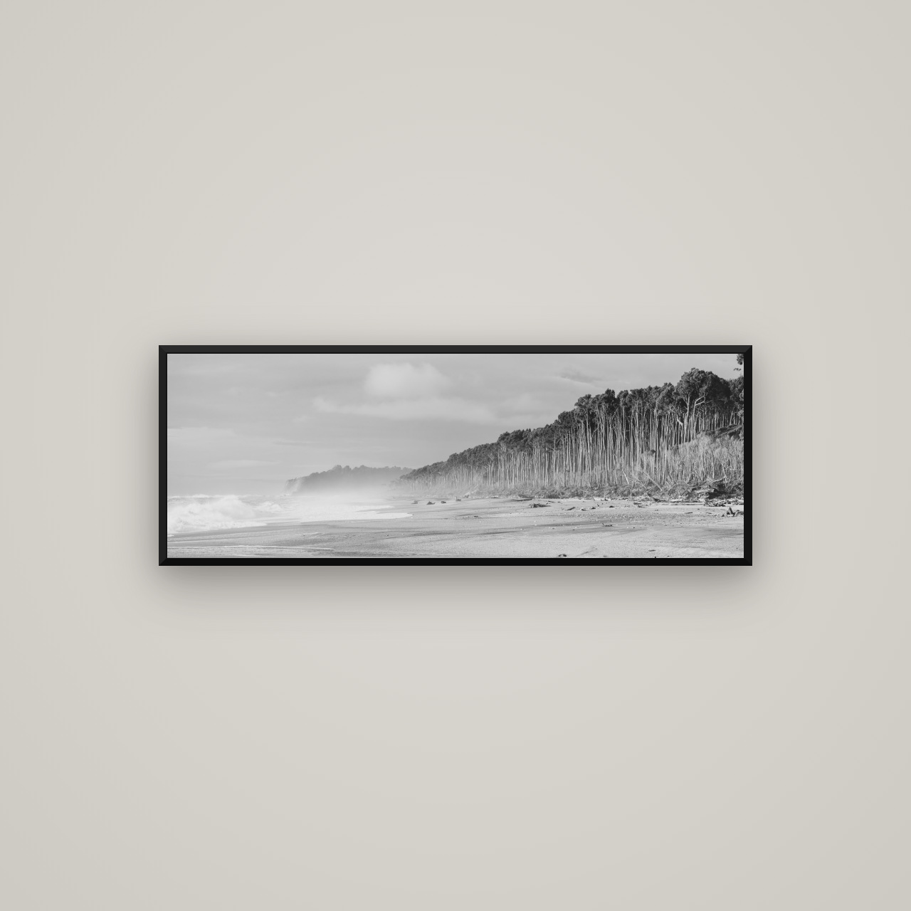 Rimu Rhythms, Bruce Bay's Wild Serenity — Basel Black Matte, 113×40 cm. New Zealand fine art wall art by Stephen Milner.