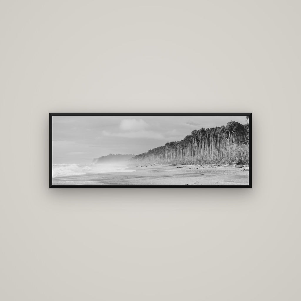 Rimu Rhythms, Bruce Bay's Wild Serenity — Basel Black Matte, 113×40 cm. New Zealand fine art wall art by Stephen Milner.
