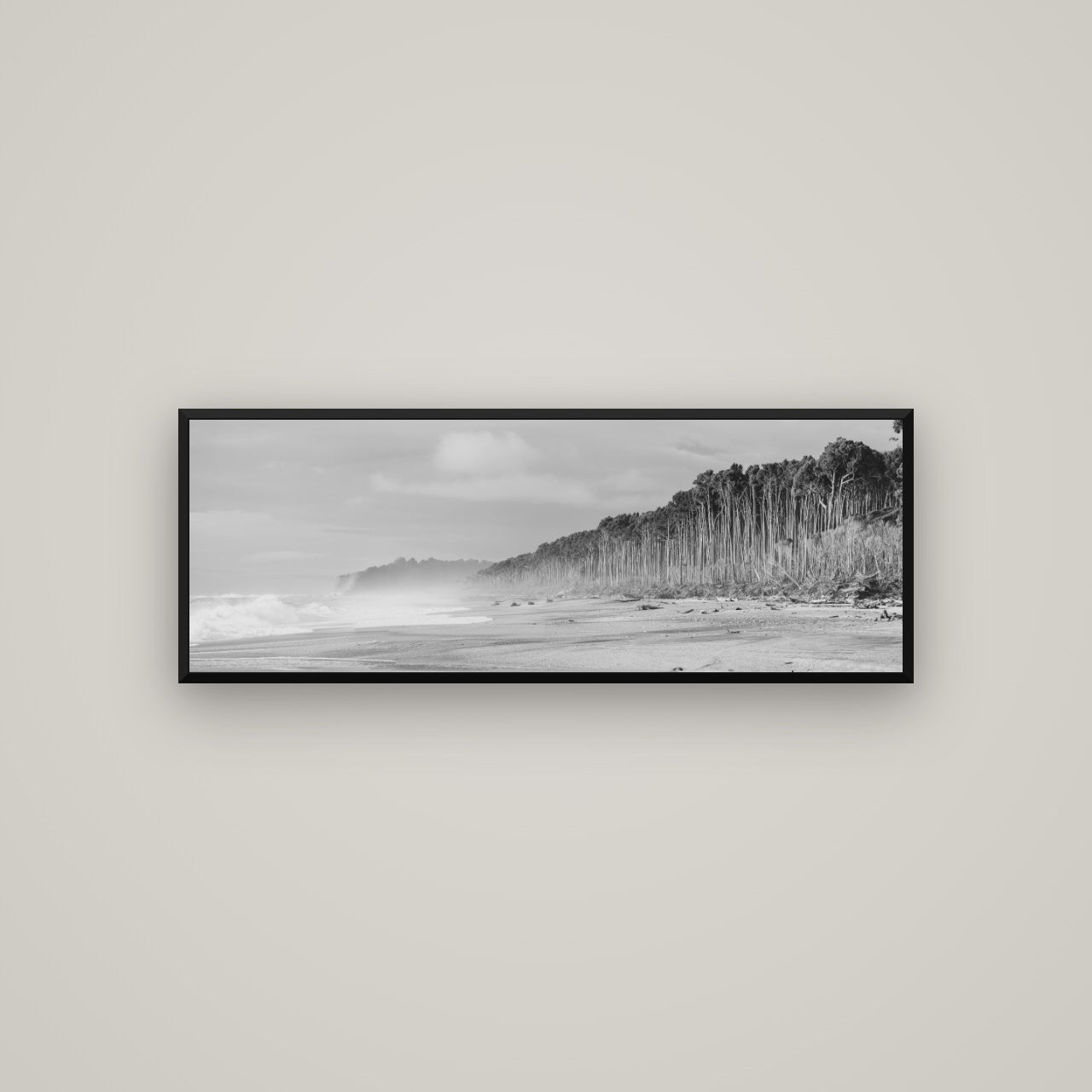 Rimu Rhythms, Bruce Bay's Wild Serenity — Basel Black, 113×40 cm. New Zealand fine art wall art by Stephen Milner.