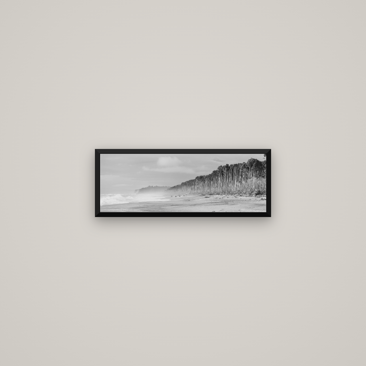 Rimu Rhythms, Bruce Bay's Wild Serenity — Basel Black Matte, 57×20 cm. New Zealand fine art wall art by Stephen Milner.
