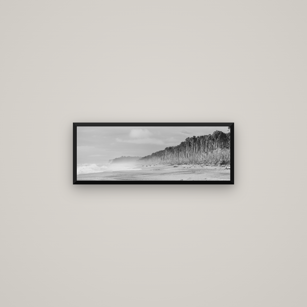 Rimu Rhythms, Bruce Bay's Wild Serenity — Basel Black Matte, 68×24 cm. New Zealand fine art wall art by Stephen Milner.