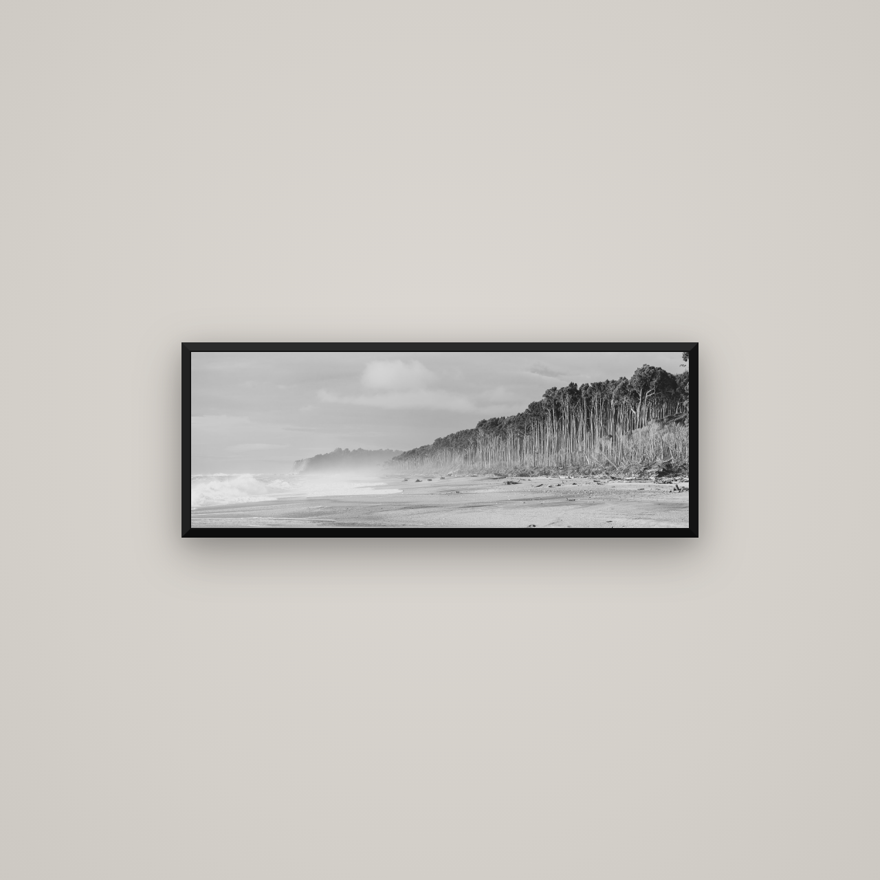 Rimu Rhythms, Bruce Bay's Wild Serenity — Basel Black Matte, 85×30 cm. New Zealand fine art wall art by Stephen Milner.